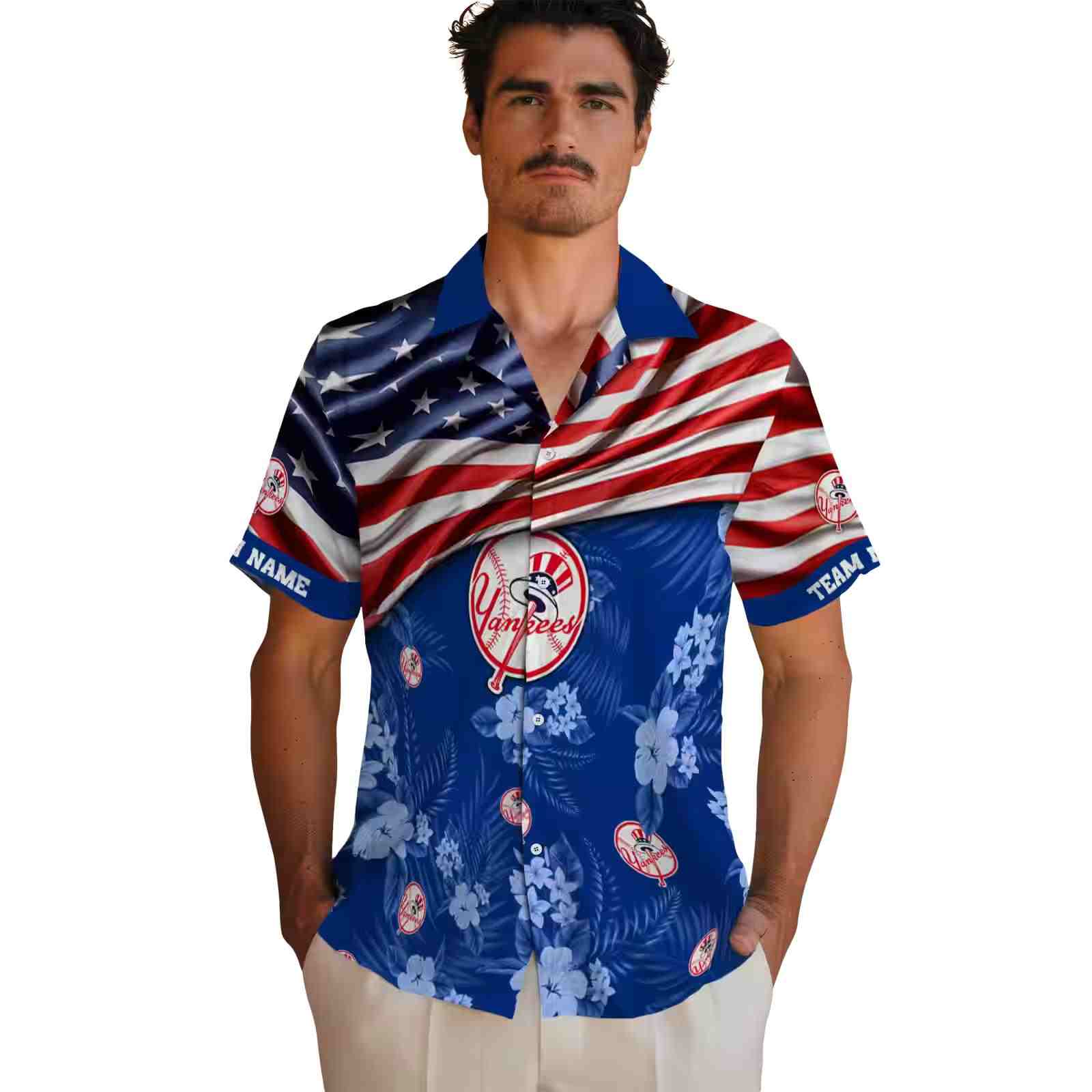 customized new york yankees us flag hibiscus navy hawaiian shirt fashion forward