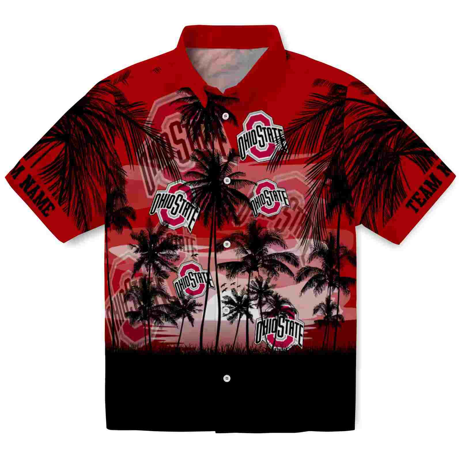 Customized Ohio State Buckeyes Sunset Scene Scarlet Black Hawaiian Shirt