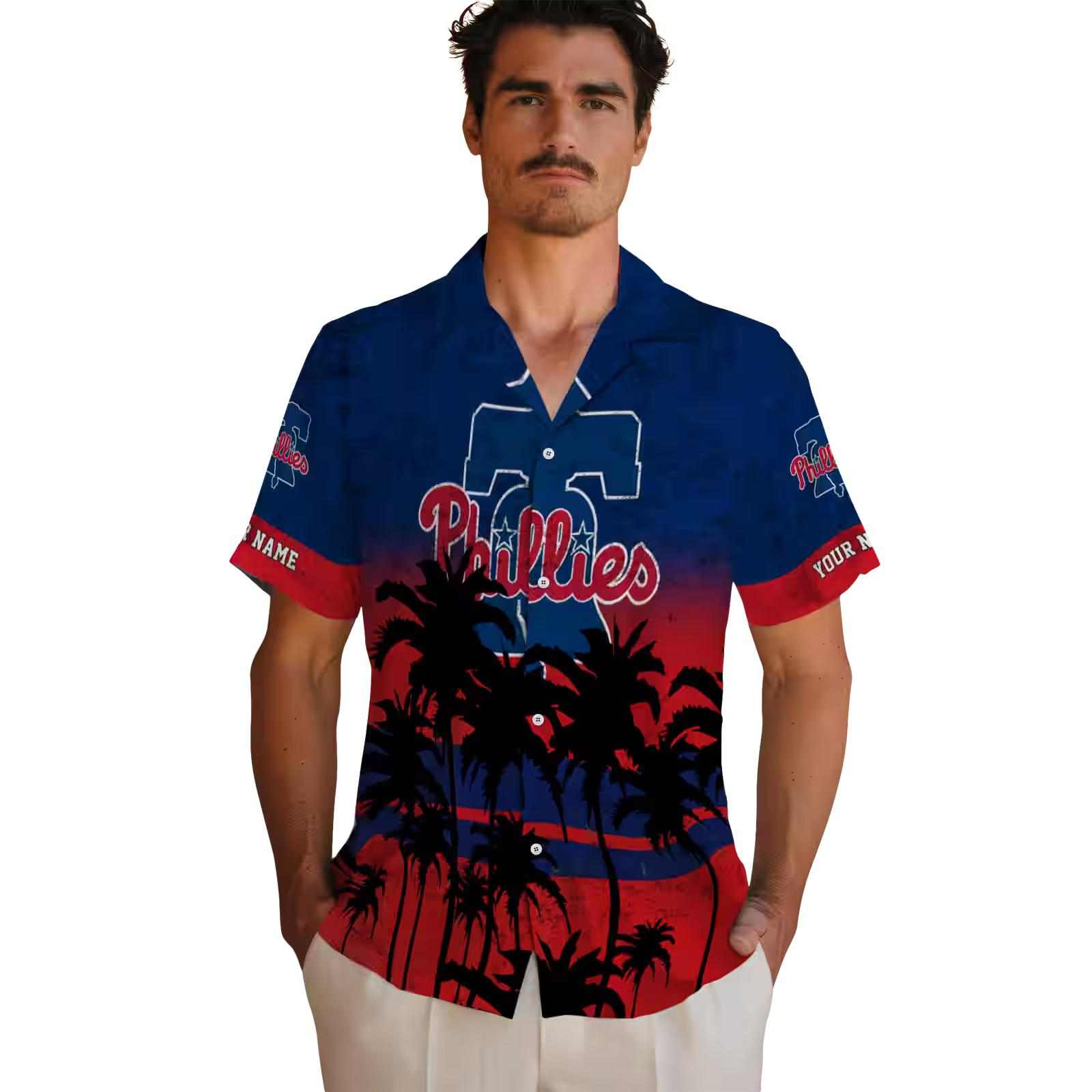 customized philadelphia phillies sunset pattern blue black hawaiian shirt fashion forward