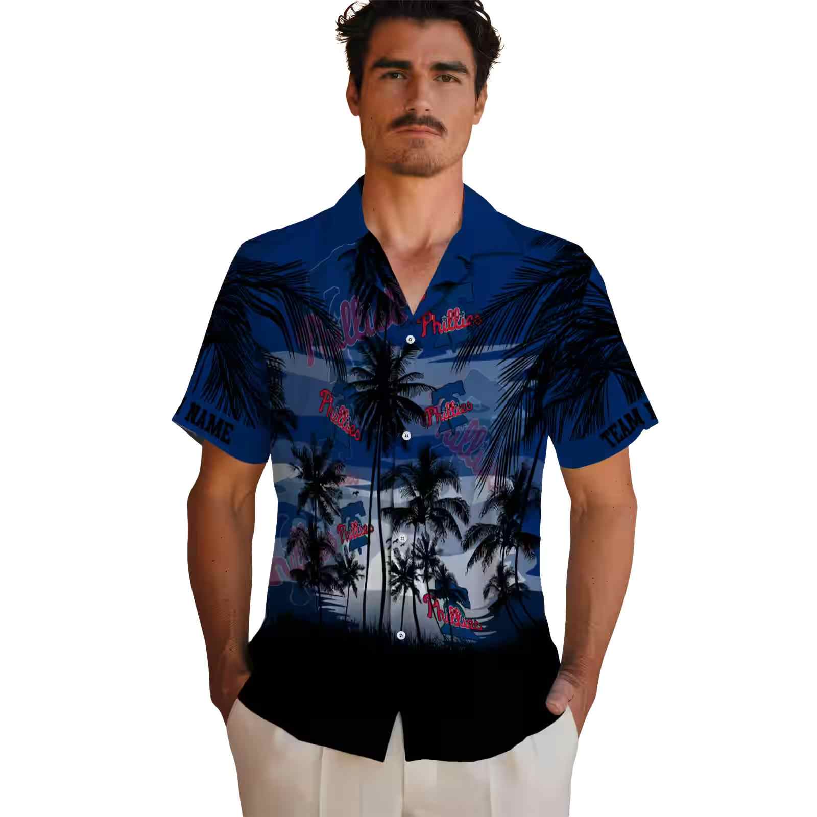 customized philadelphia phillies sunset scene blue black hawaiian shirt fashion forward