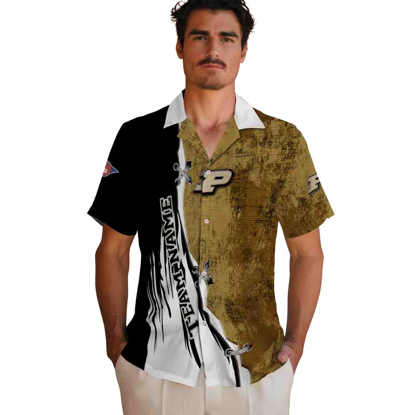 customized purdue boilermakers edgy streaks gold white hawaiian shirt fashion forward