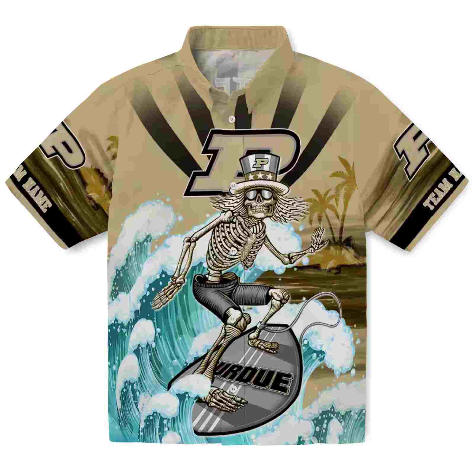 Customized Purdue Boilermakers Surfing Skeleton Gold Blue Hawaiian Shirt