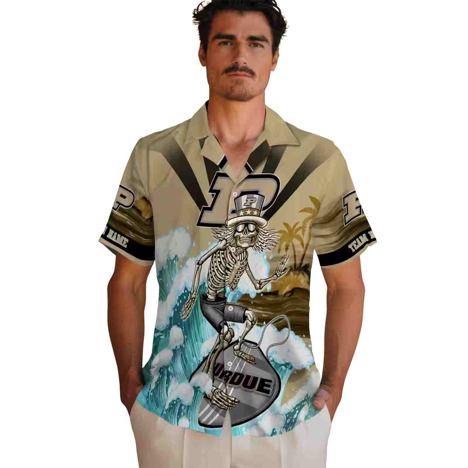 customized purdue boilermakers surfing skeleton gold blue hawaiian shirt fashion forward