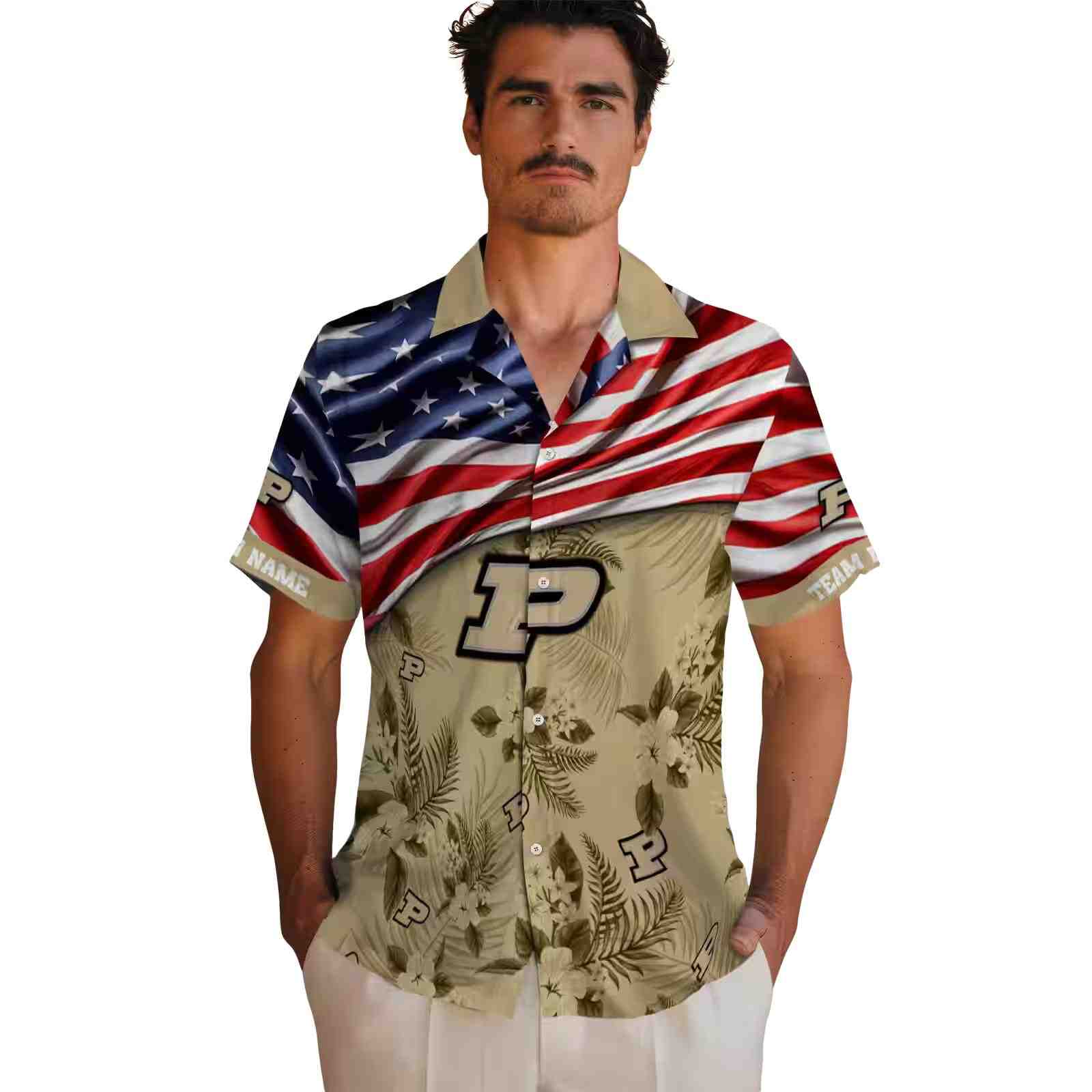 customized purdue boilermakers us flag hibiscus gold hawaiian shirt fashion forward