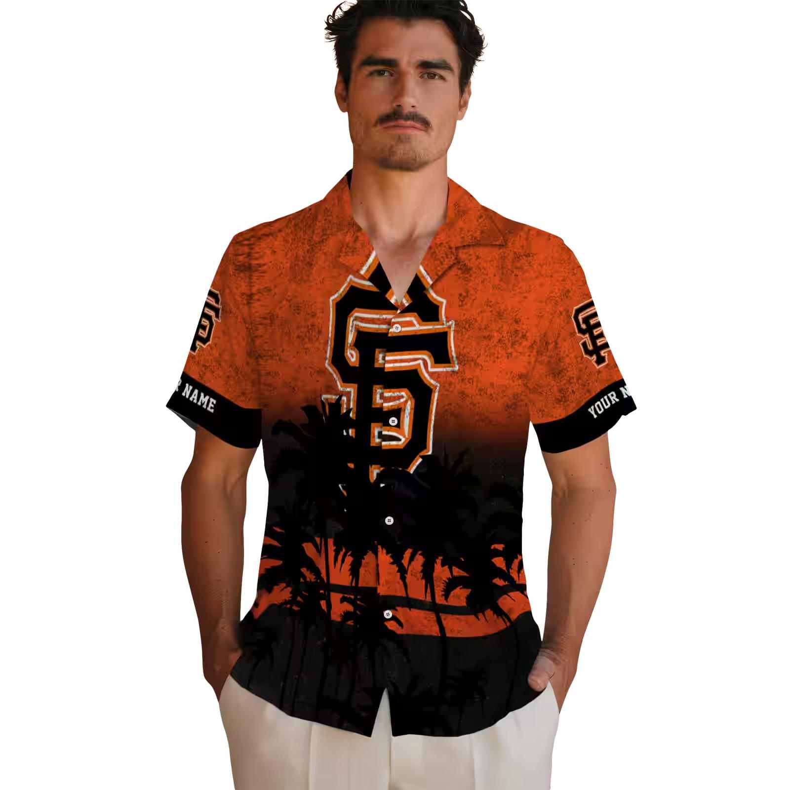 customized san francisco giants sunset pattern orange black hawaiian shirt fashion forward