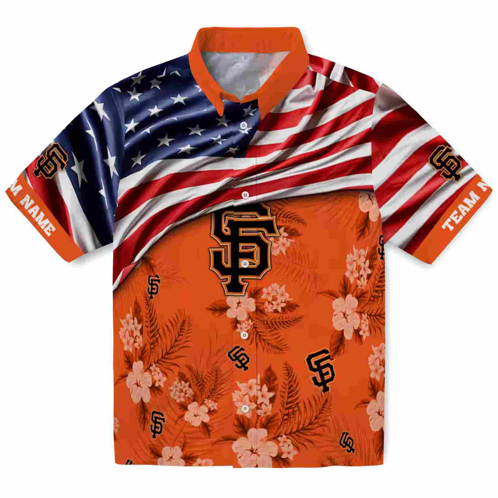 Customized San Francisco Giants US Flag Hibiscus Orange Hawaiian Shirt