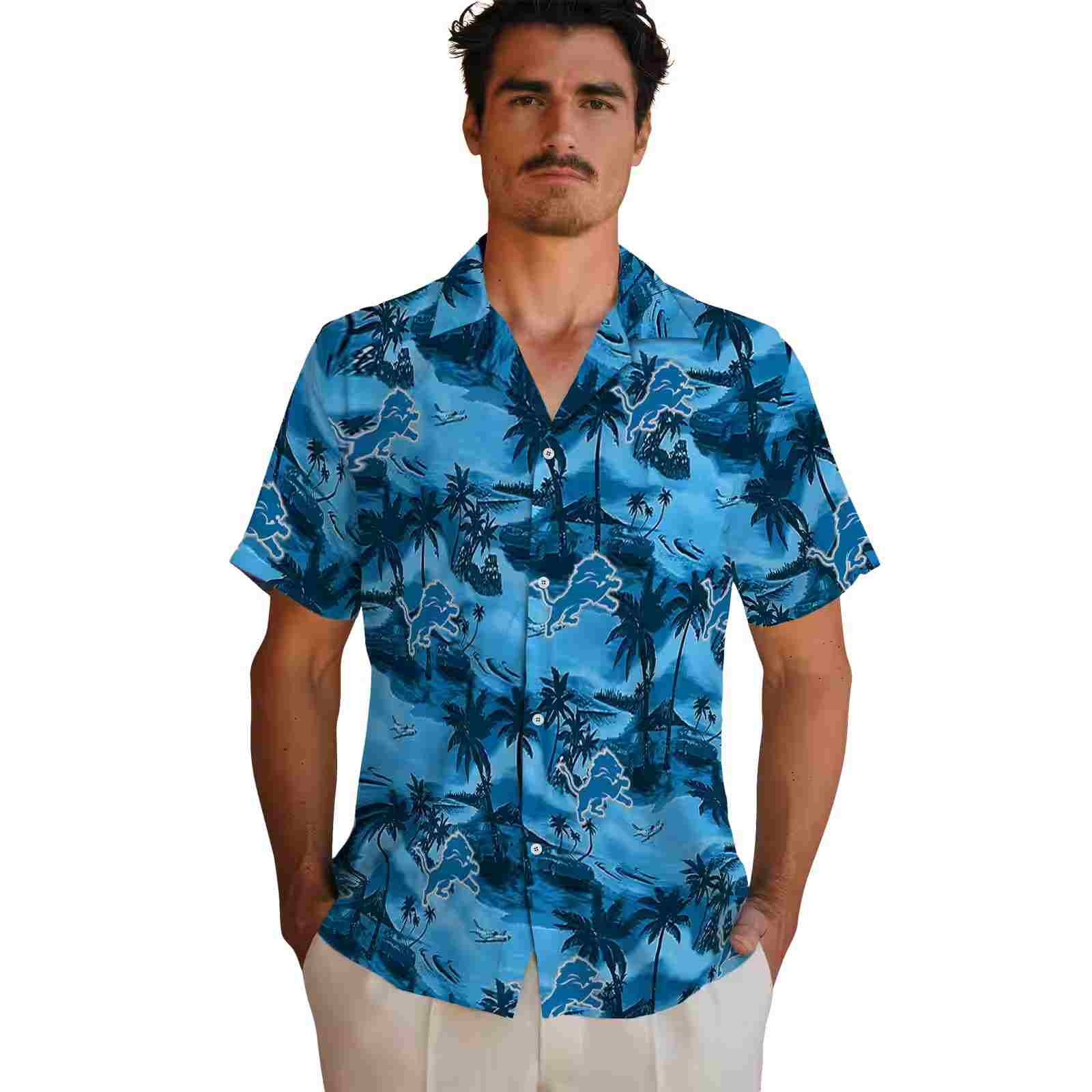 detroit lions coastal palms blue hawaiian shirt fashion forward