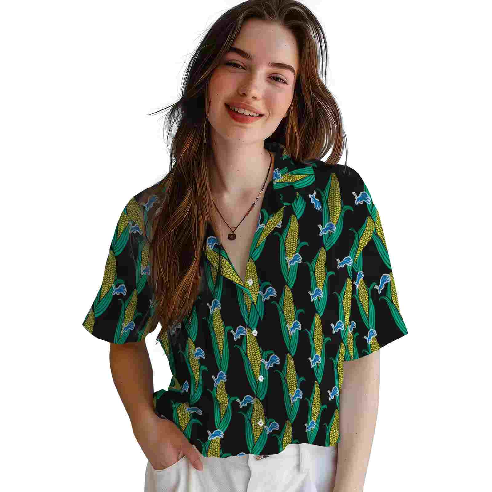 detroit lions corn motifs black green hawaiian shirt latest model