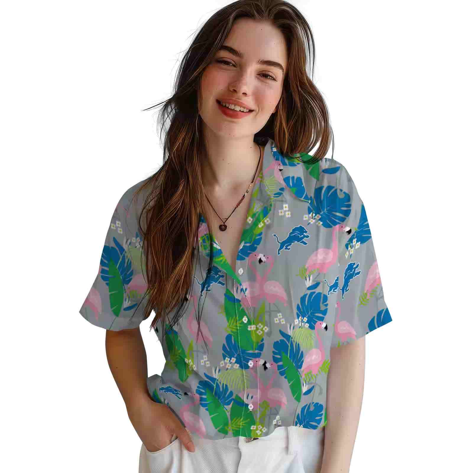 detroit lions flamingo foliage blue green hawaiian shirt latest model