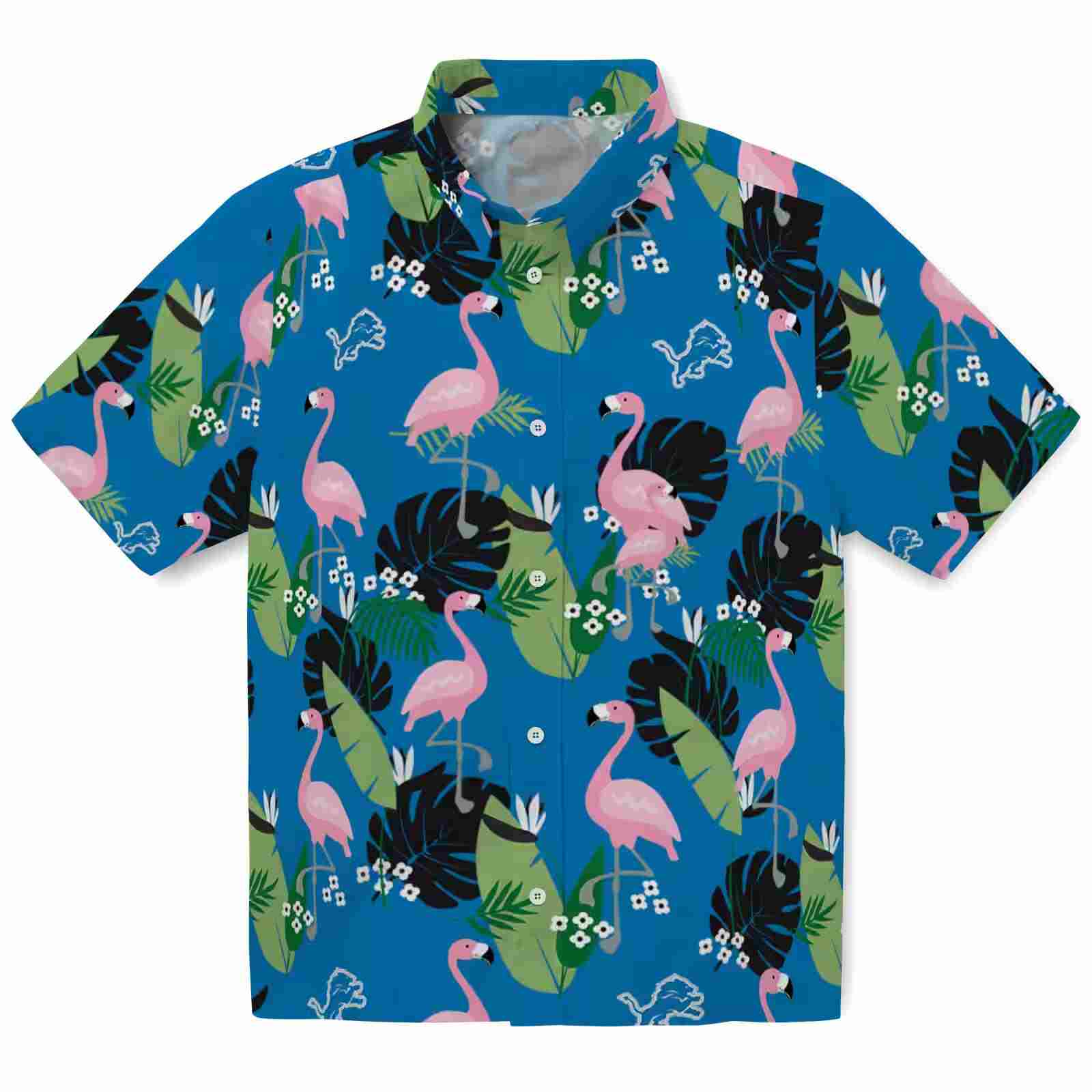 Detroit Lions Flamingo Leaf Motif Blue Hawaiian Shirt