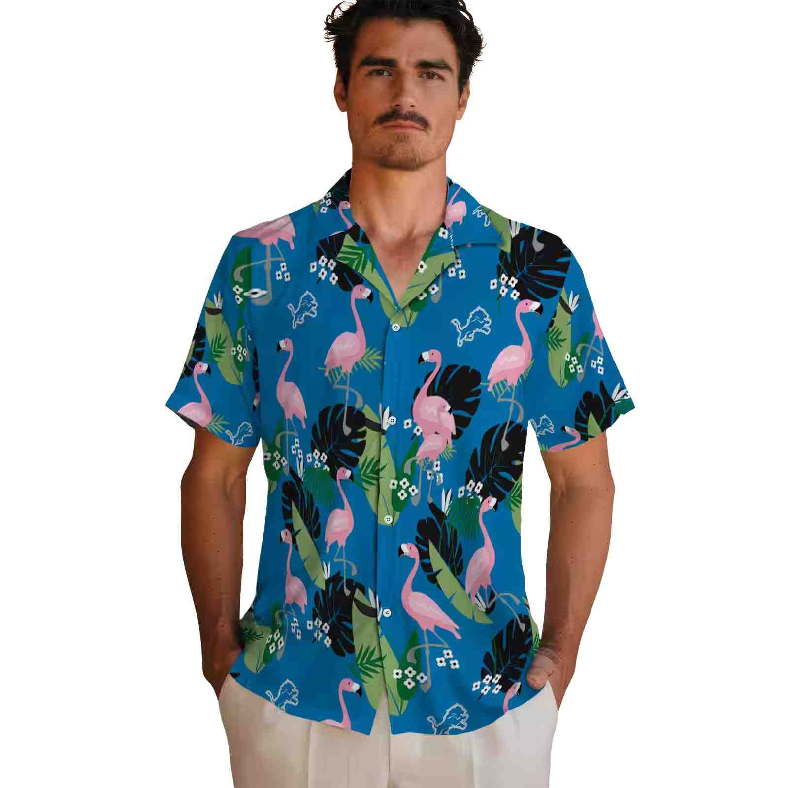 detroit lions flamingo leaf motif blue hawaiian shirt fashion forward