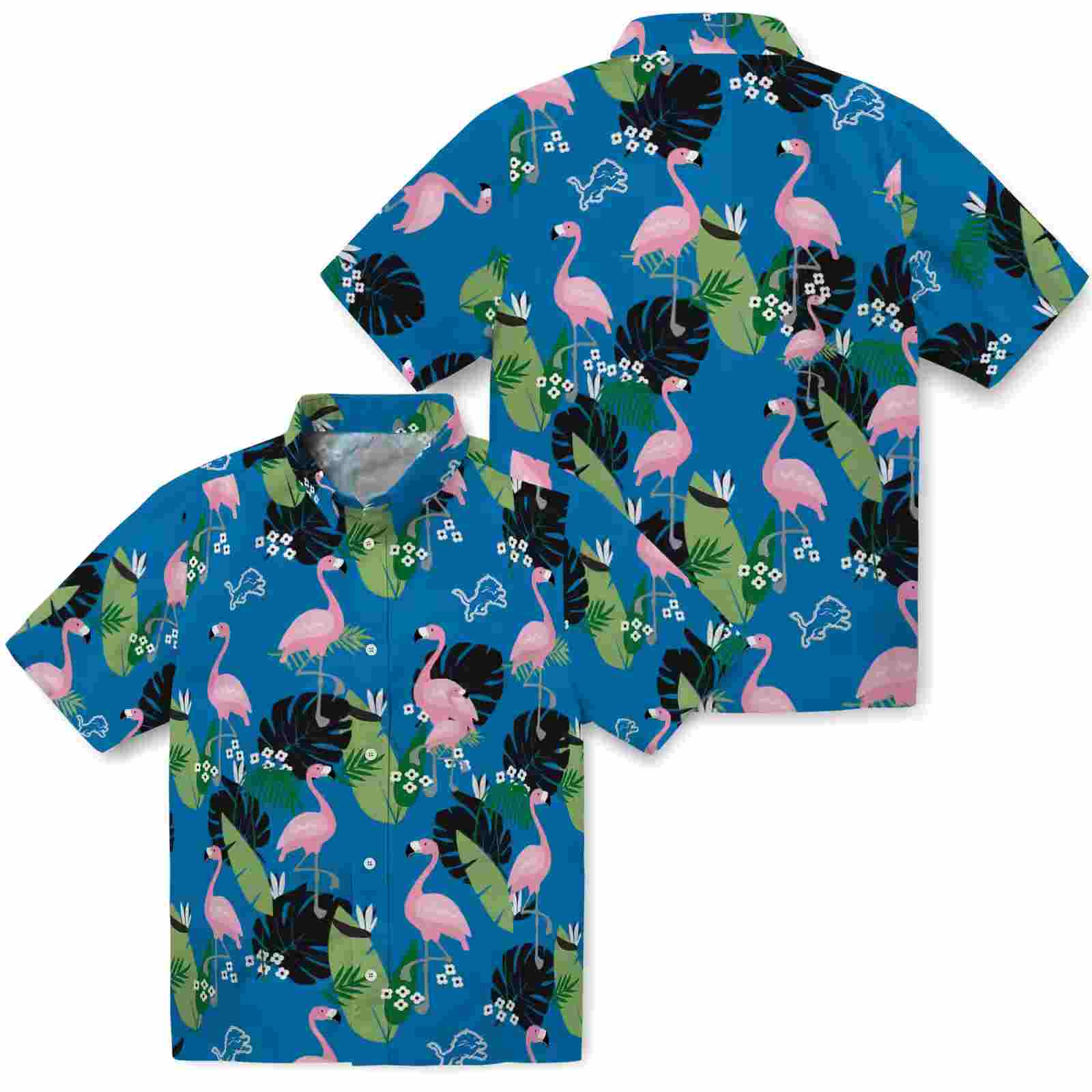 detroit lions flamingo leaf motif blue hawaiian shirt high quality