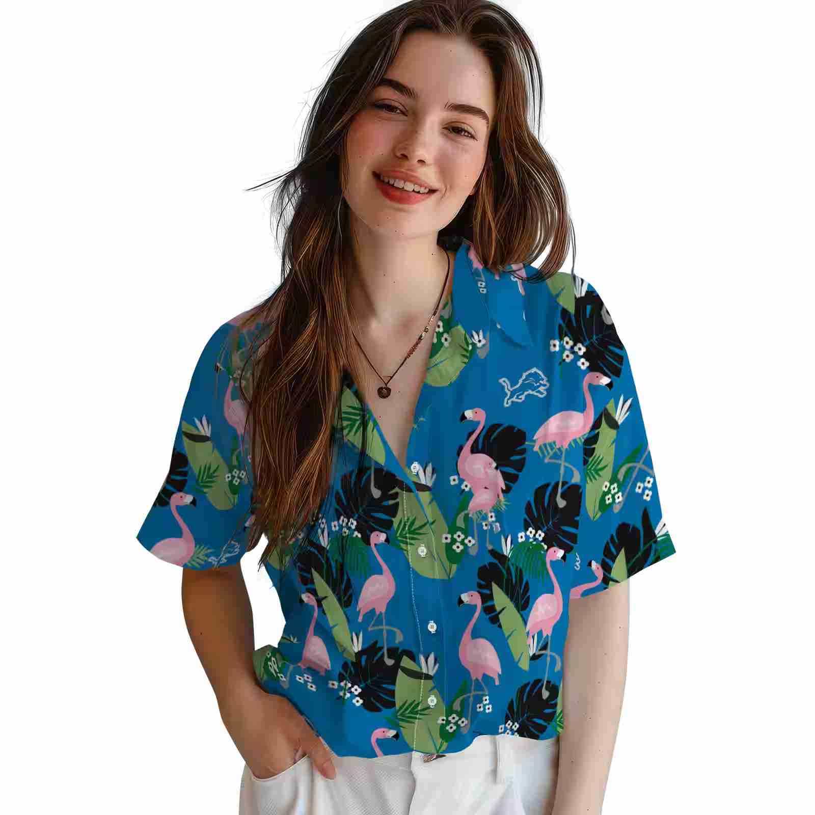 detroit lions flamingo leaf motif blue hawaiian shirt latest model