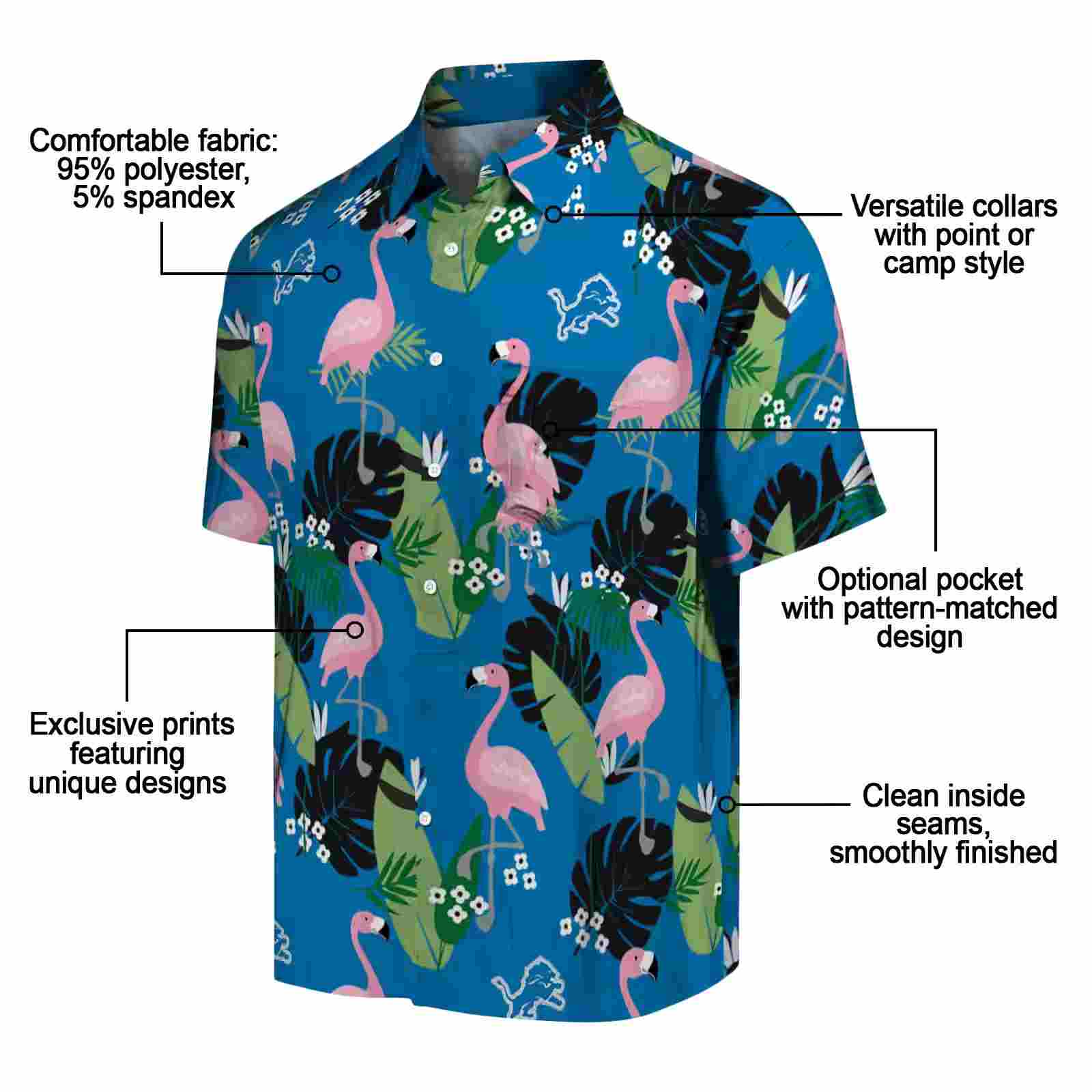 detroit lions flamingo leaf motif blue hawaiian shirt new arrival