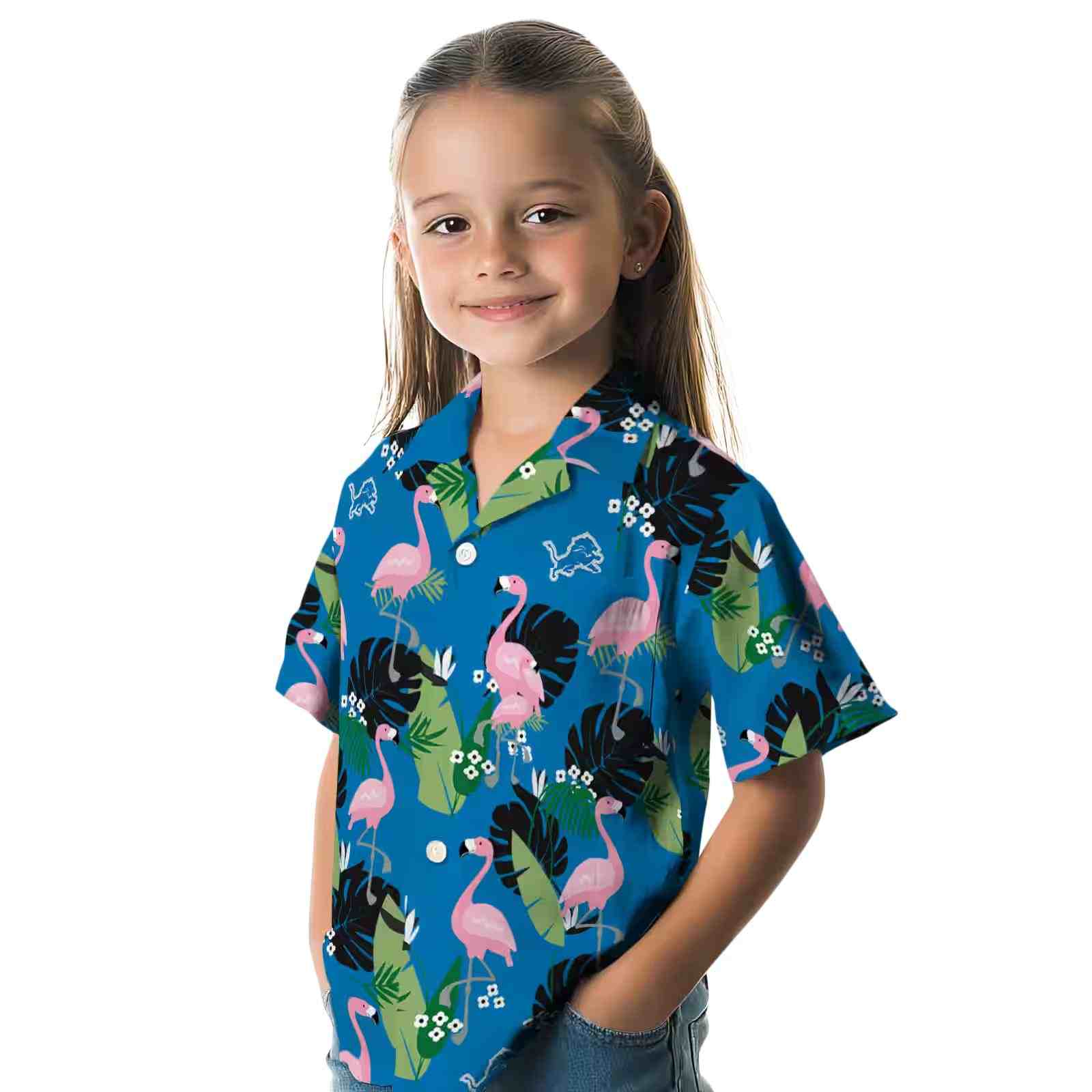 detroit lions flamingo leaf motif blue hawaiian shirt premium grade