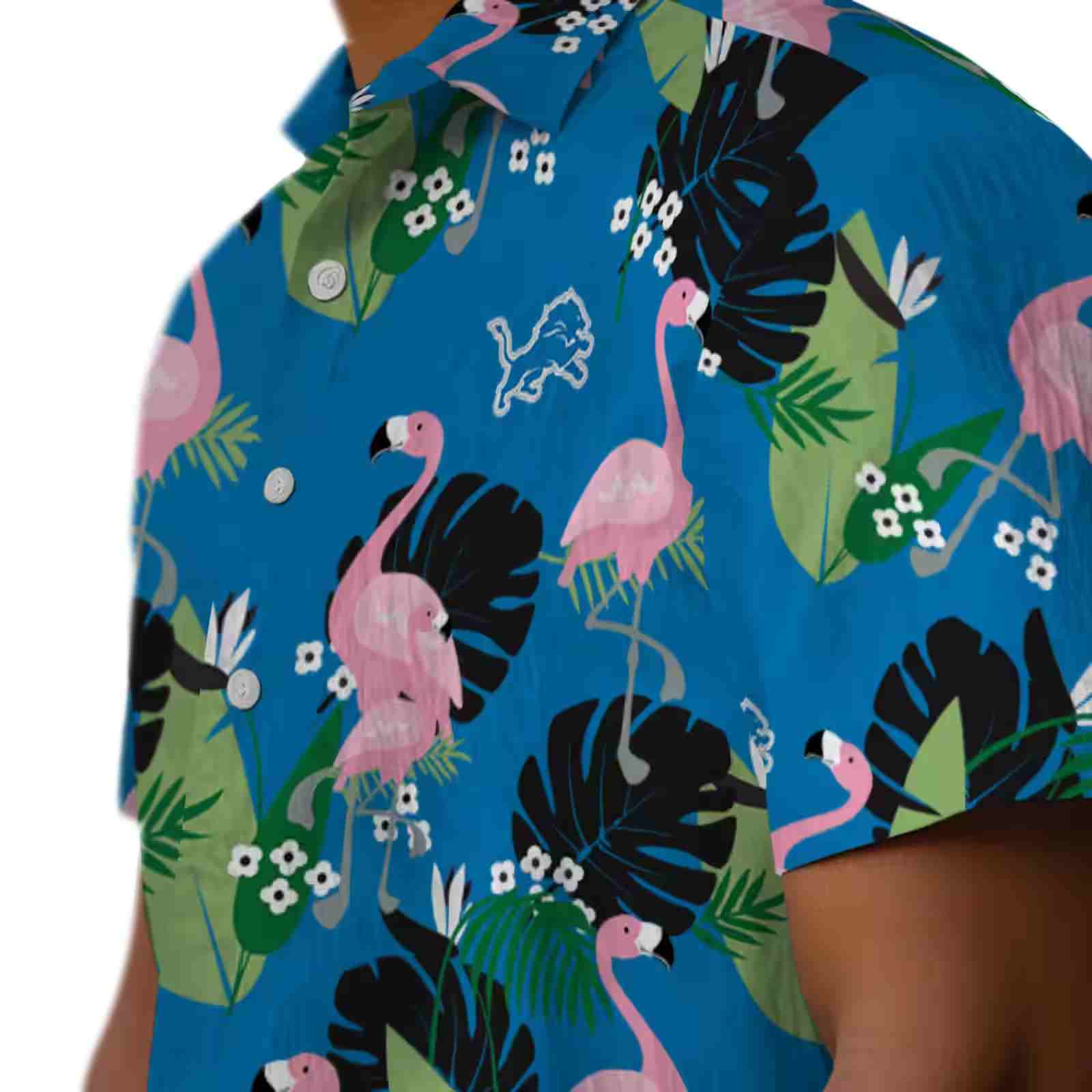 detroit lions flamingo leaf motif blue hawaiian shirt trendy