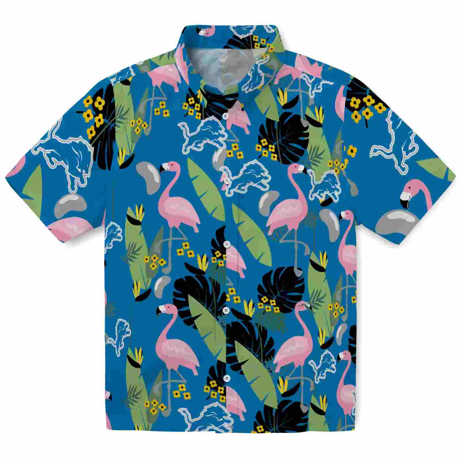 Detroit Lions Flamingo Leaves Blue Hawaiian Shirt