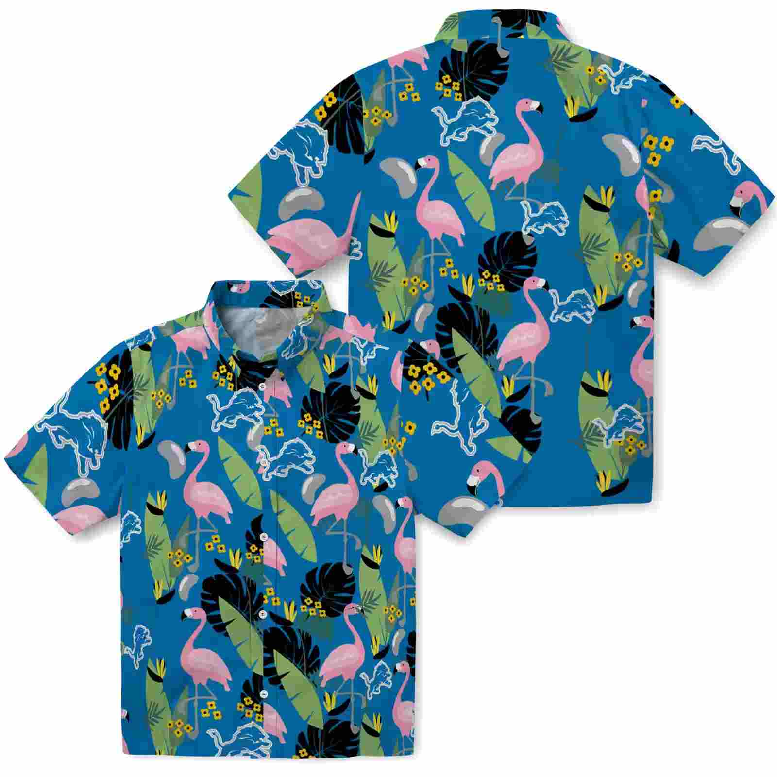 detroit lions flamingo leaves blue hawaiian shirt high quality