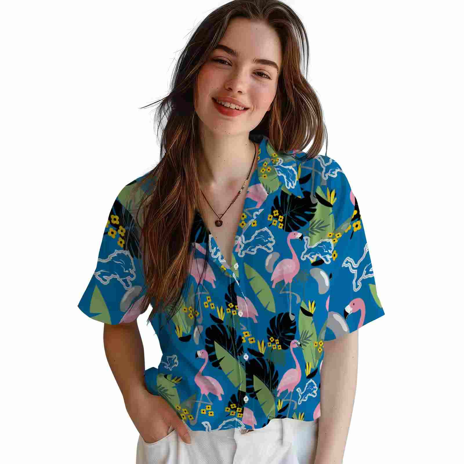 detroit lions flamingo leaves blue hawaiian shirt latest model