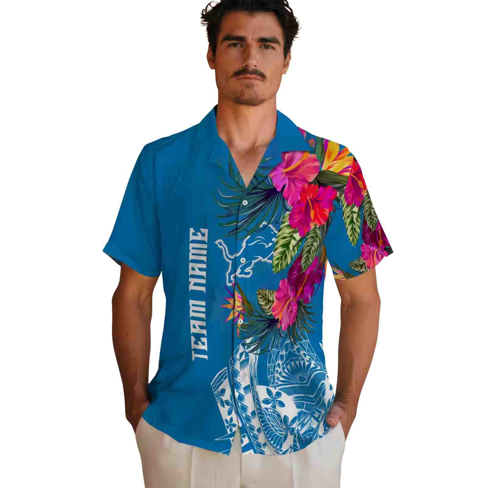 detroit lions floral polynesian blue hawaiian shirt fashion forward