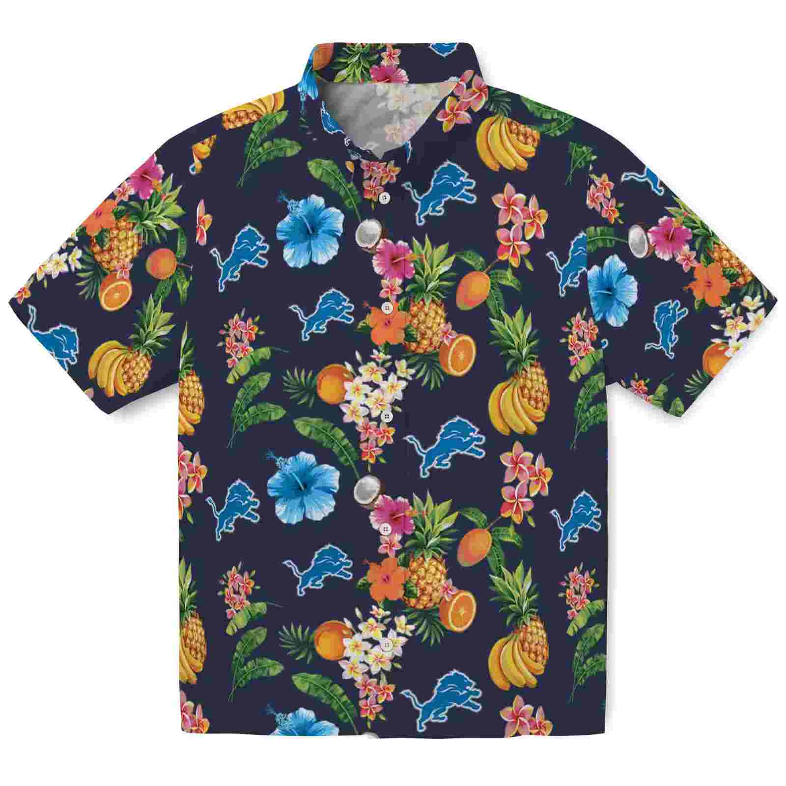 Detroit Lions Hibiscus And Fruit Navy Blue Hawaiian Shirt