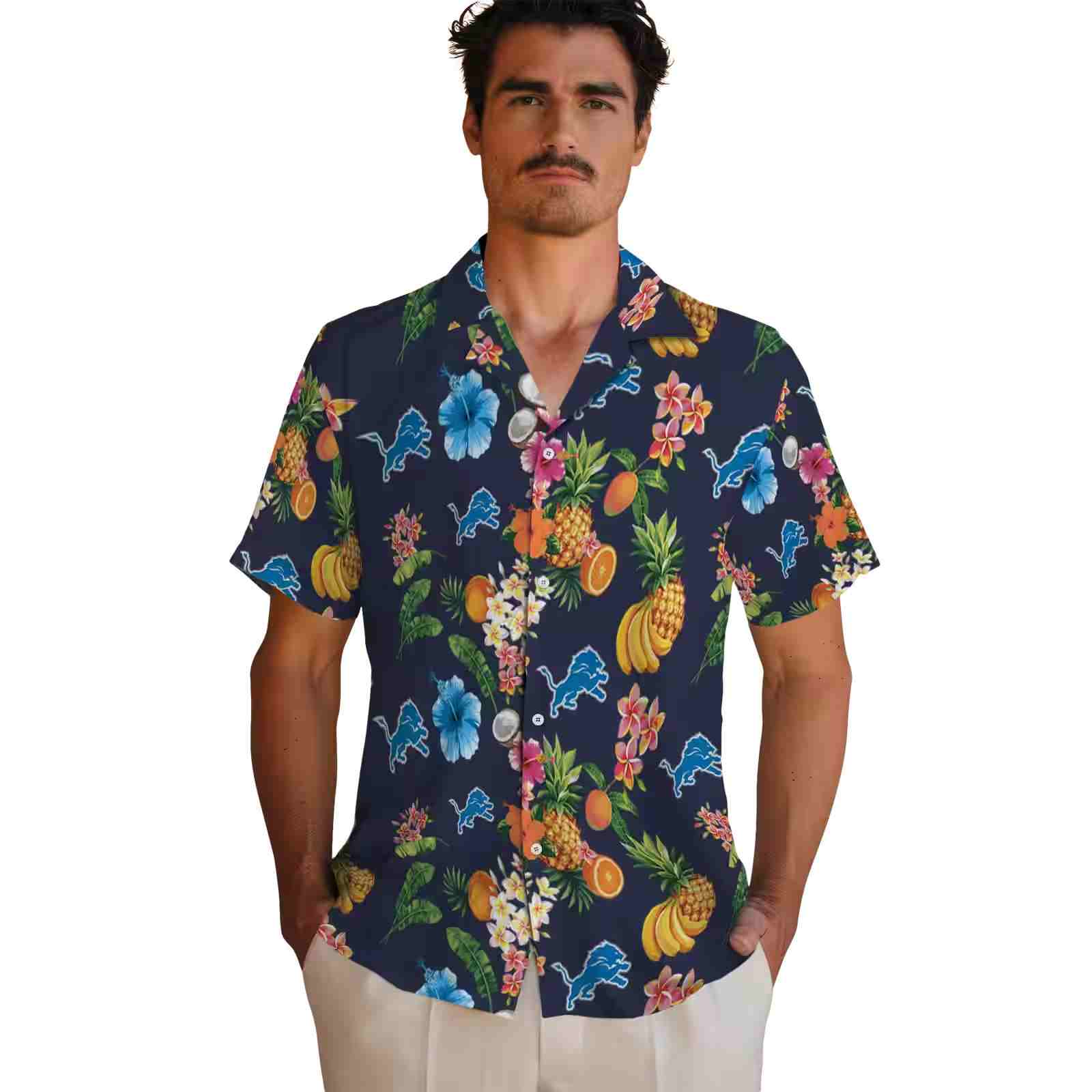 detroit lions hibiscus and fruit navy blue hawaiian shirt fashion forward