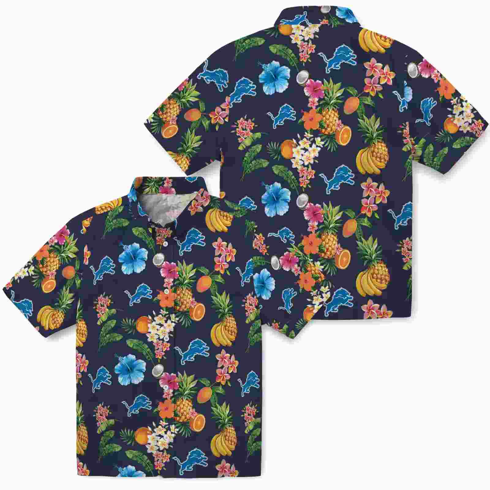 detroit lions hibiscus and fruit navy blue hawaiian shirt high quality