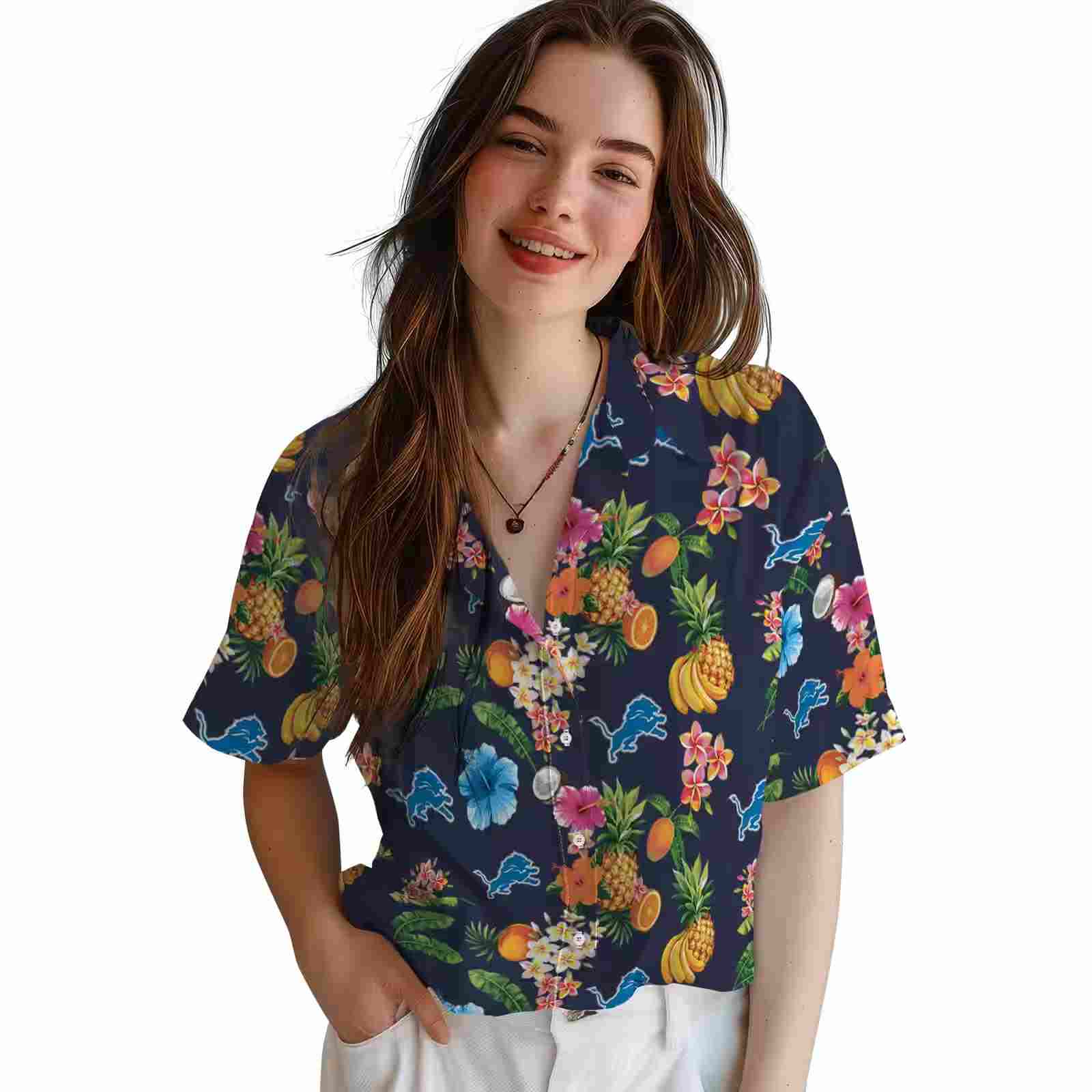 detroit lions hibiscus and fruit navy blue hawaiian shirt latest model