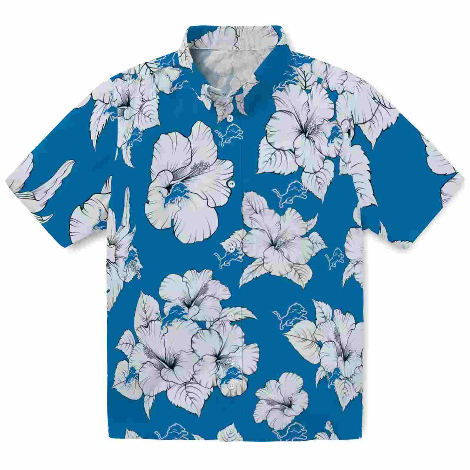 Detroit Lions Hibiscus Blooms Blue White Hawaiian Shirt