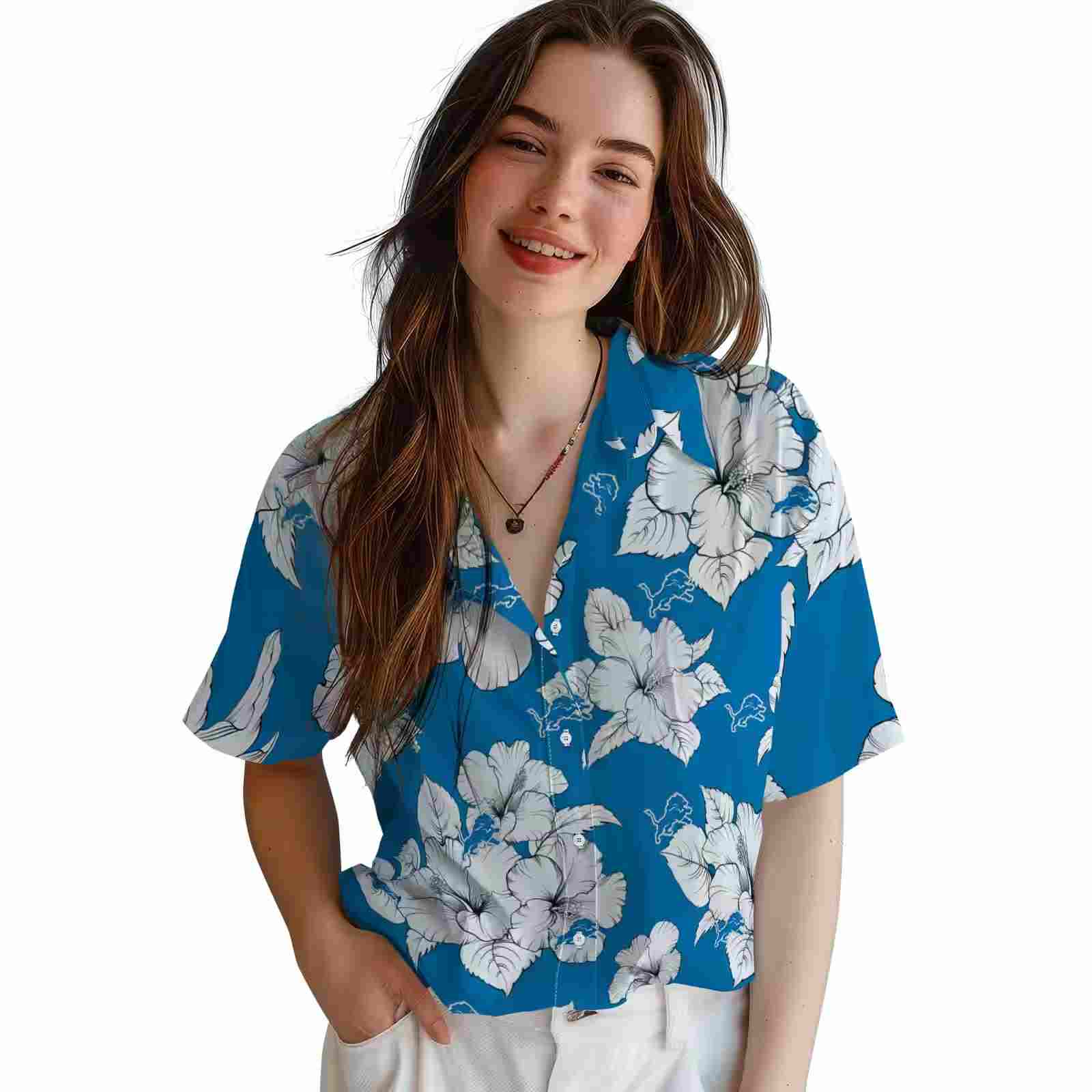 detroit lions hibiscus blooms blue white hawaiian shirt latest model