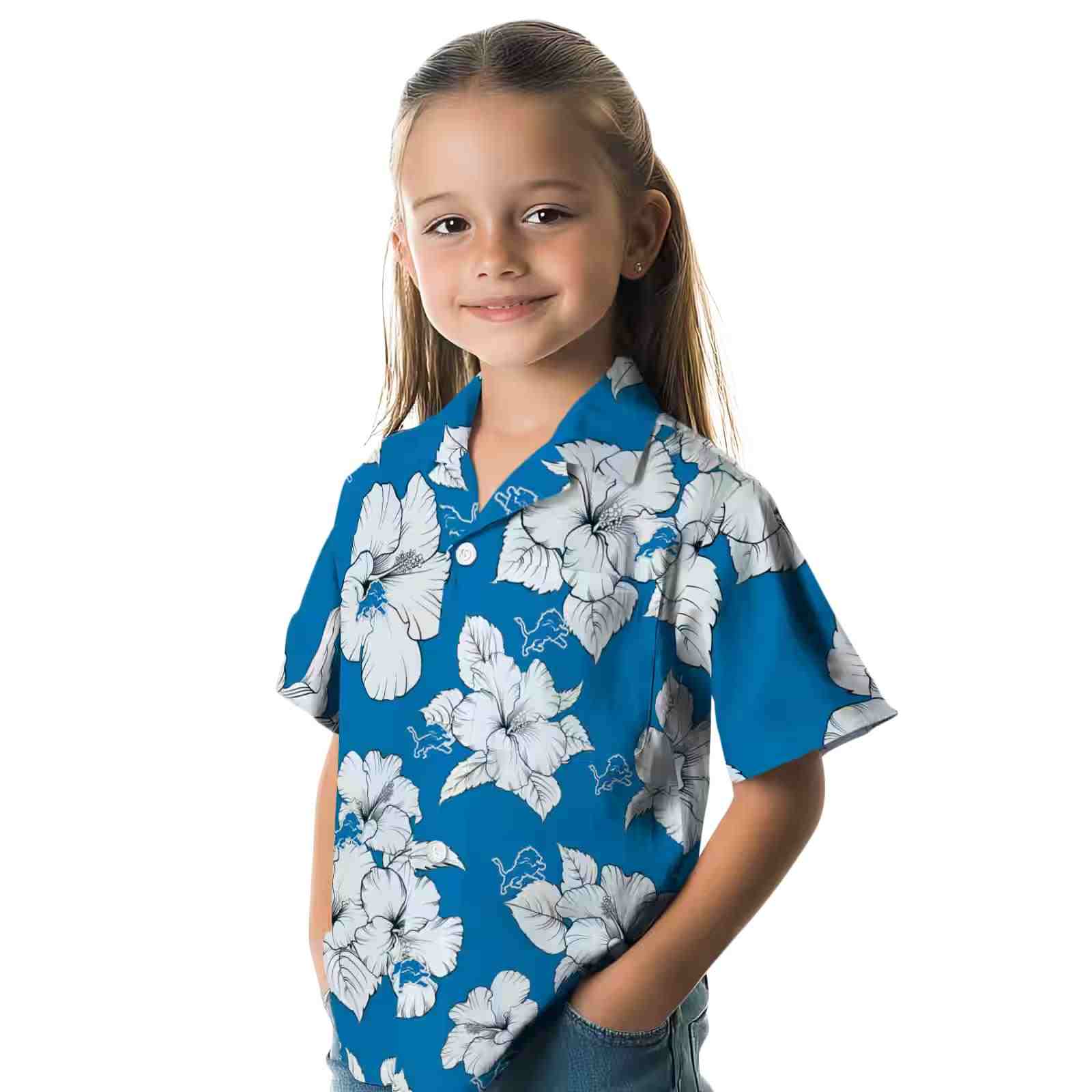 detroit lions hibiscus blooms blue white hawaiian shirt premium grade