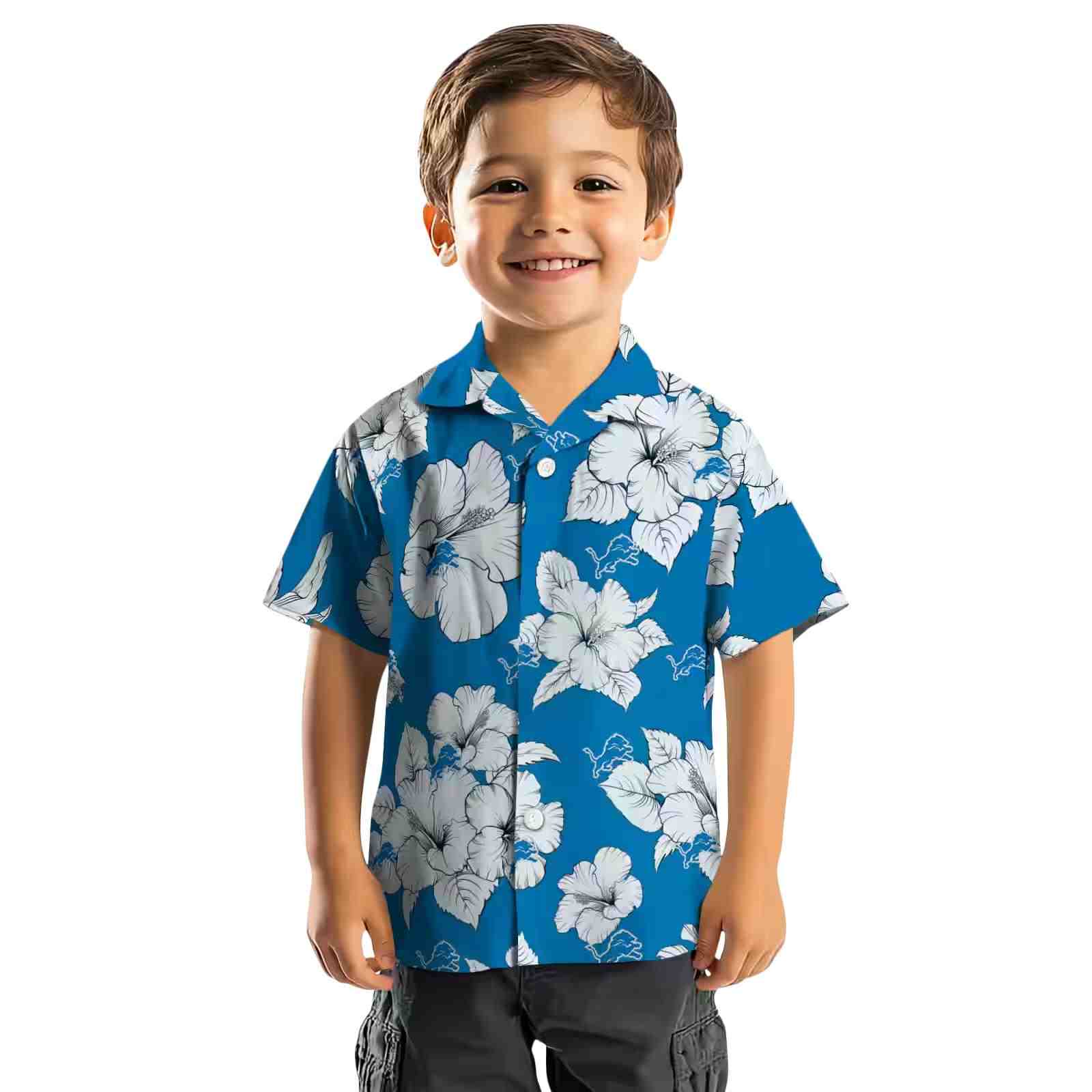 detroit lions hibiscus blooms blue white hawaiian shirt top rated