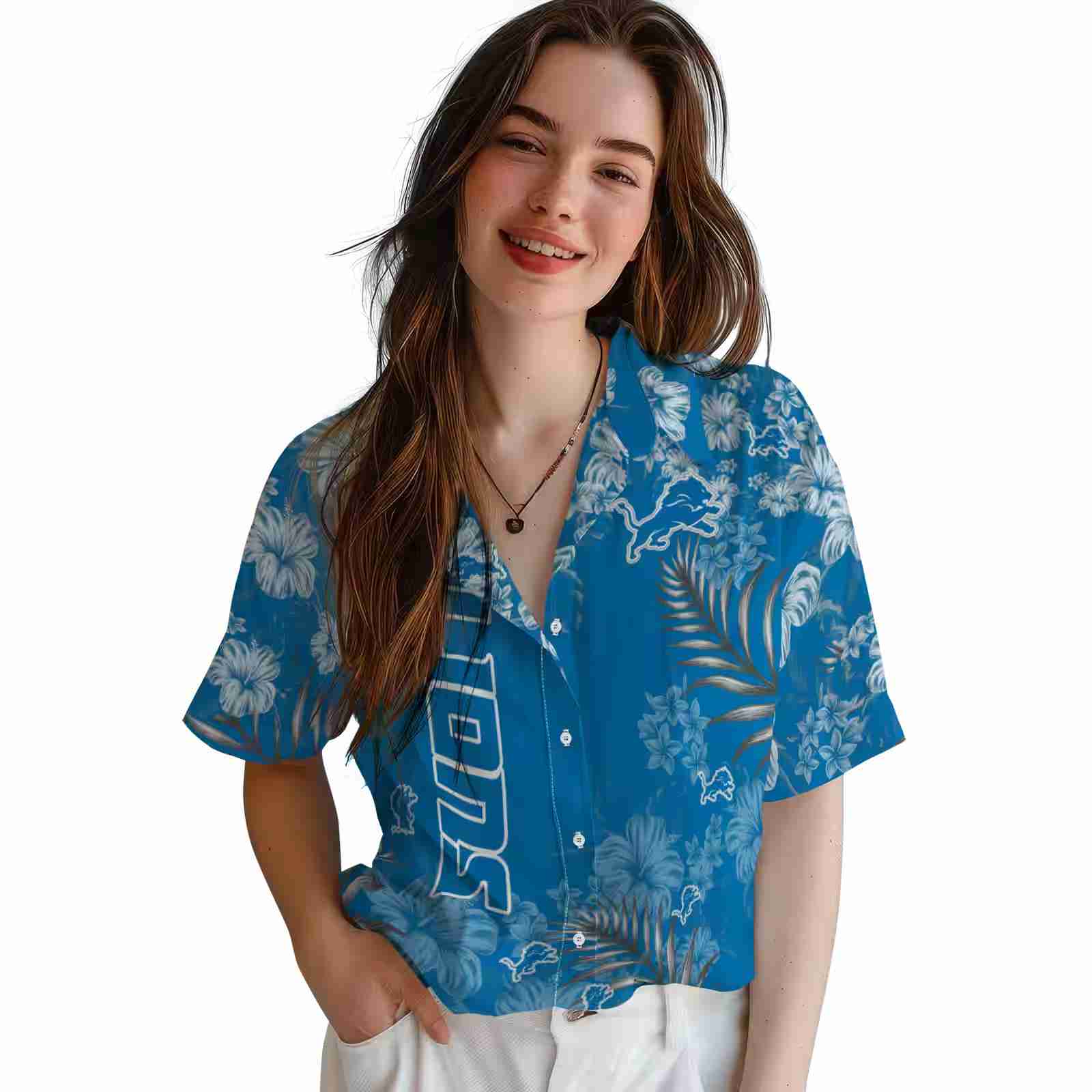 detroit lions hibiscus print blue hawaiian shirt latest model