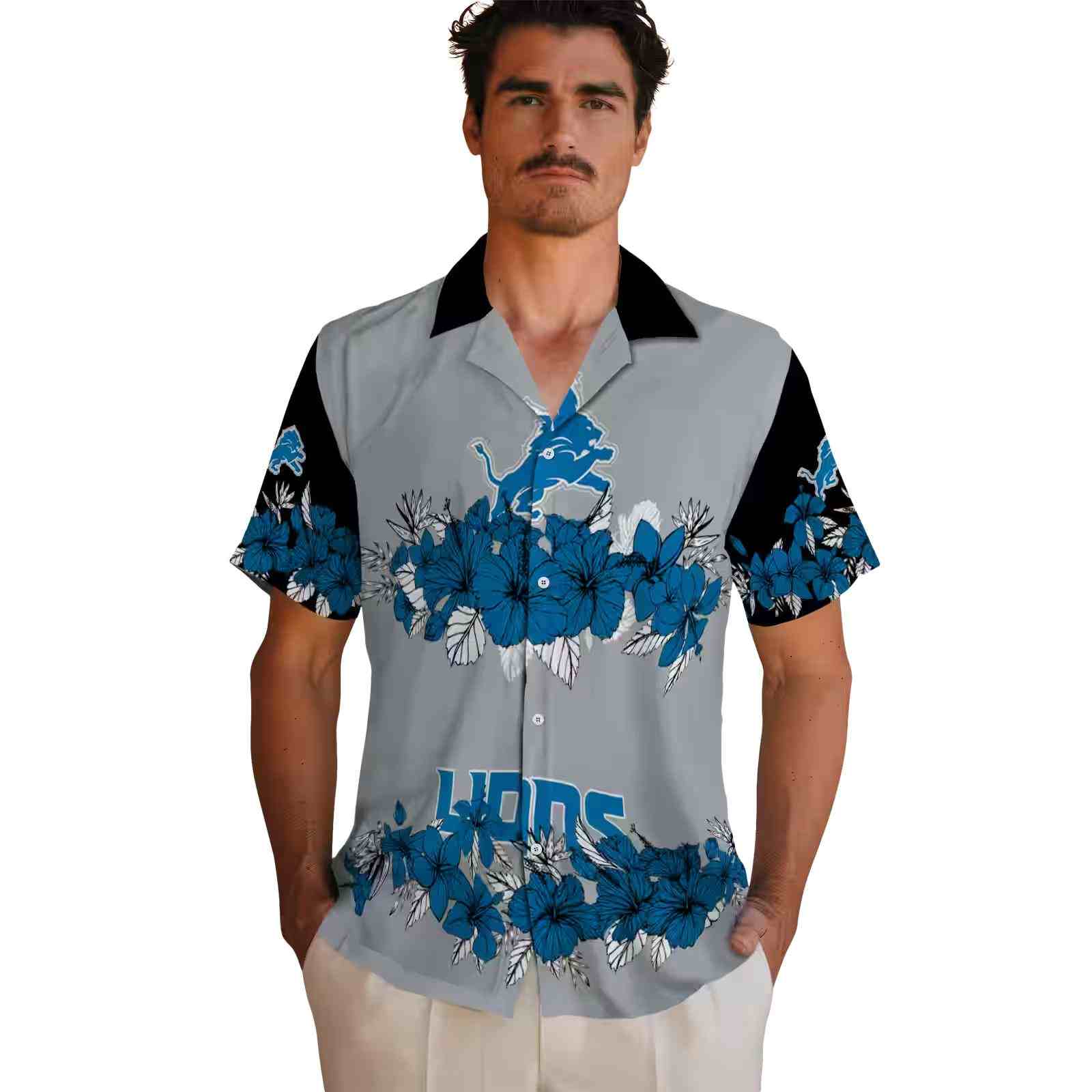 detroit lions hibiscus stripe blue black hawaiian shirt fashion forward