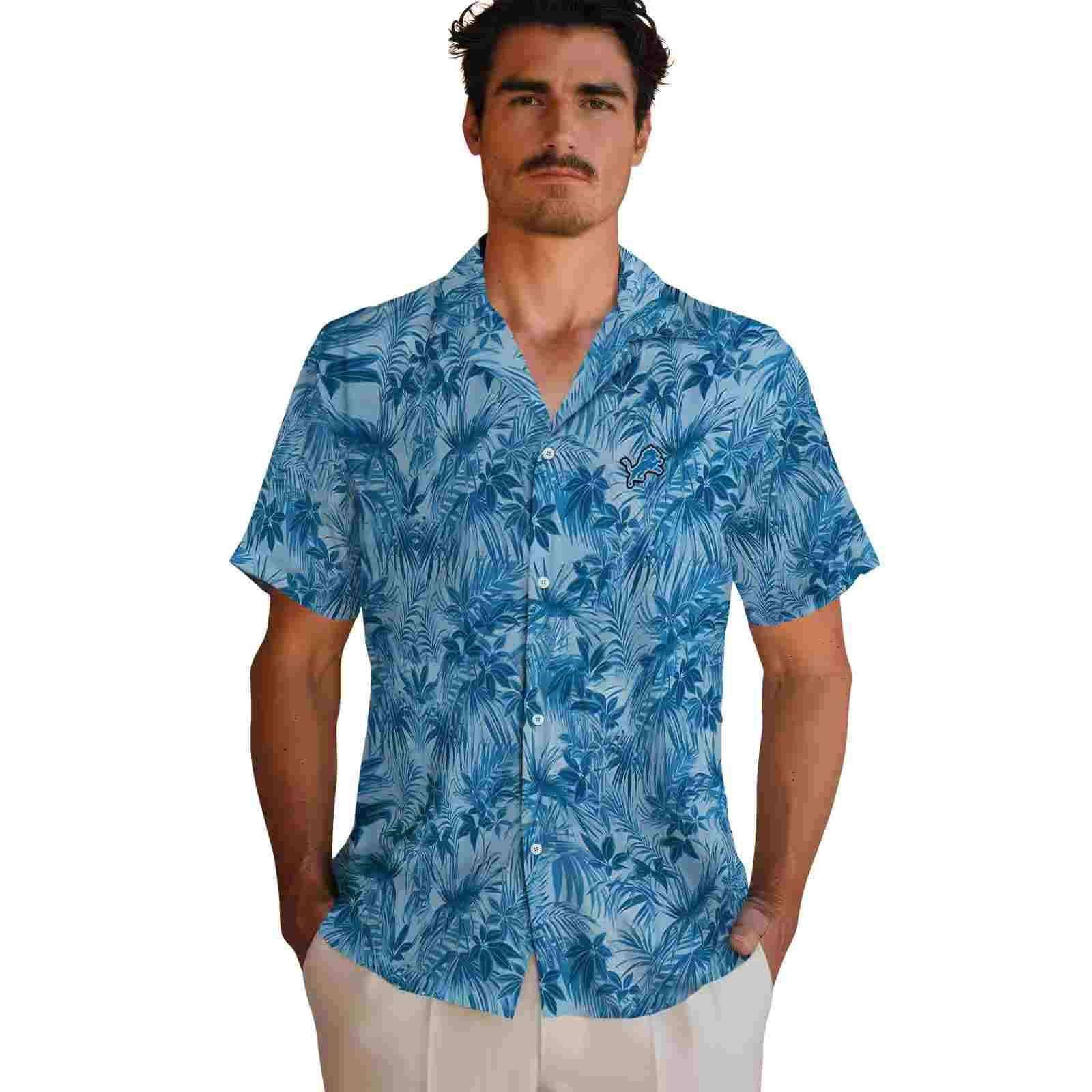 detroit lions leafy pattern blue hawaiian shirt fashion forward