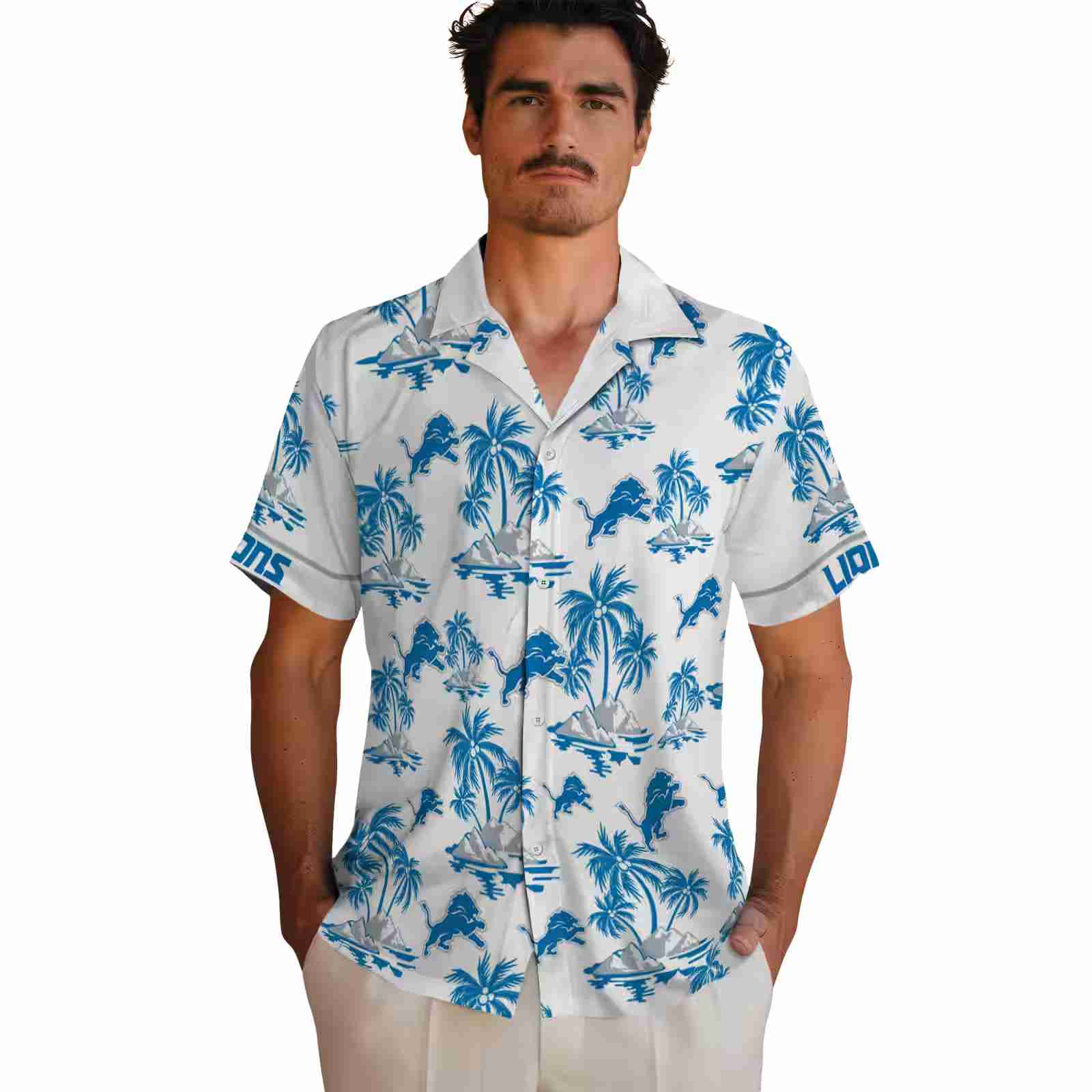 detroit lions palm island print blue white hawaiian shirt fashion forward