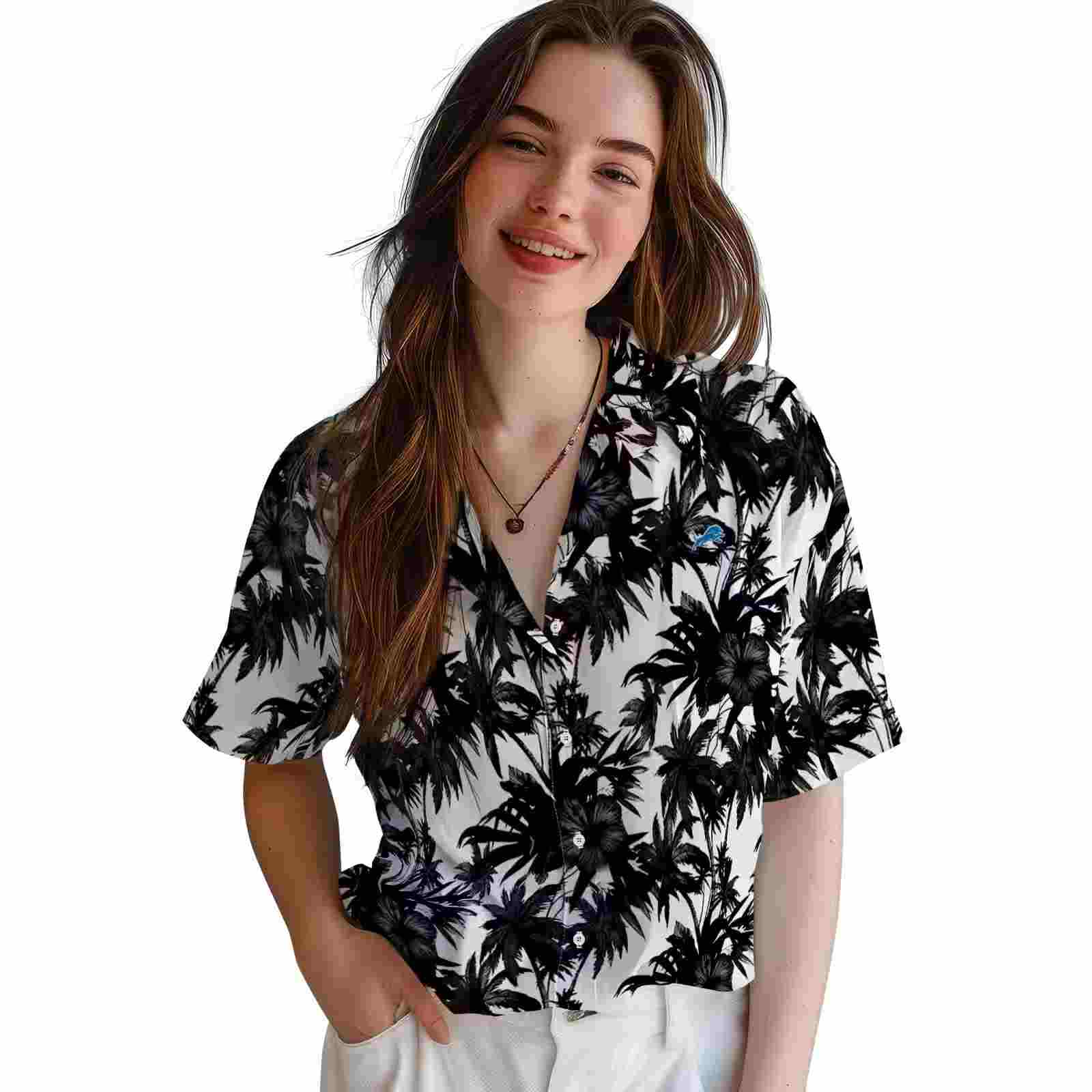 detroit lions palm motifs black white hawaiian shirt latest model