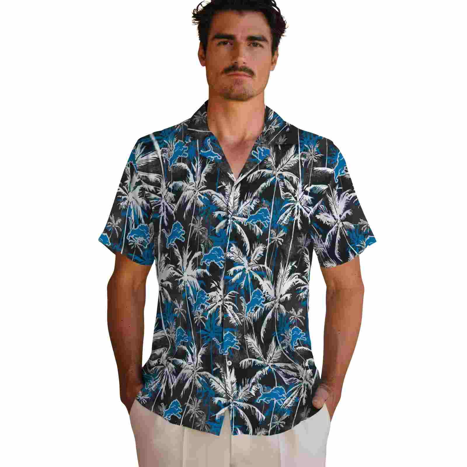 detroit lions palm pattern blue black hawaiian shirt fashion forward