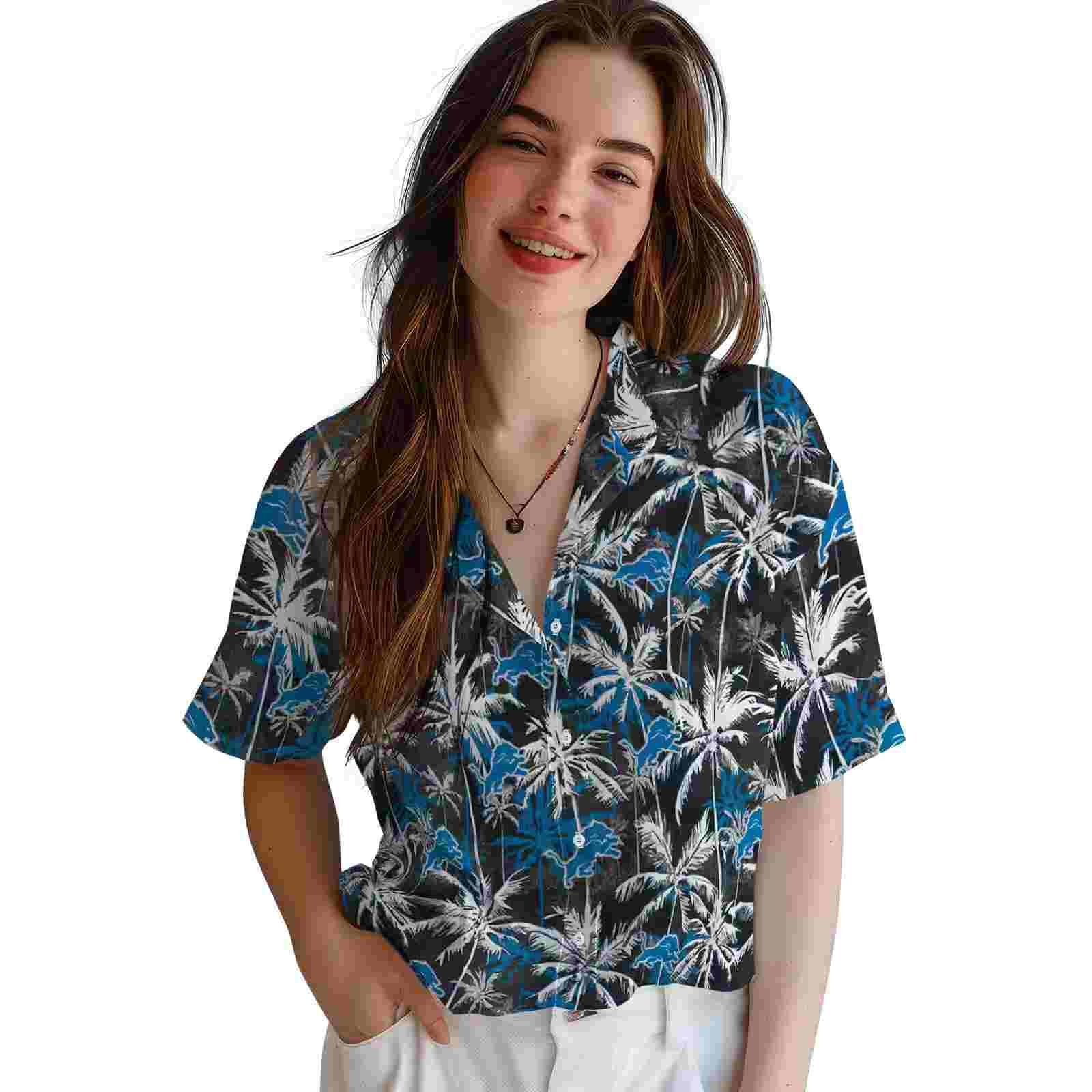 detroit lions palm pattern blue black hawaiian shirt latest model