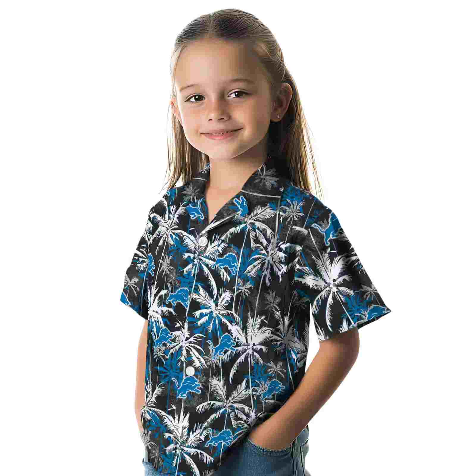 detroit lions palm pattern blue black hawaiian shirt premium grade