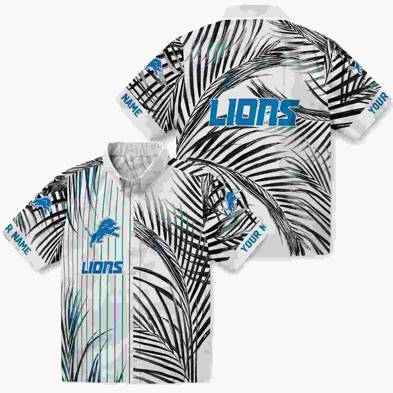 detroit lions palm stripes blue black white hawaiian shirt high quality