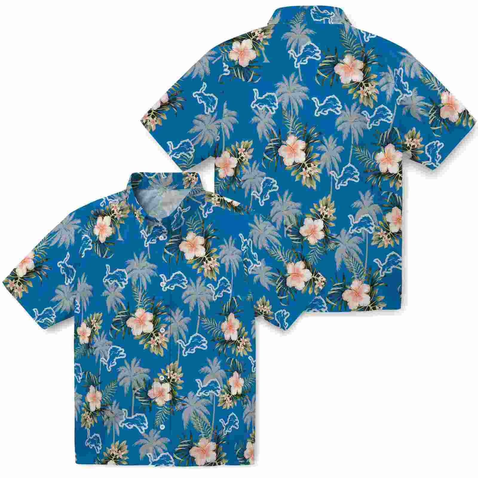 detroit lions palm tree flower blue hawaiian shirt high quality