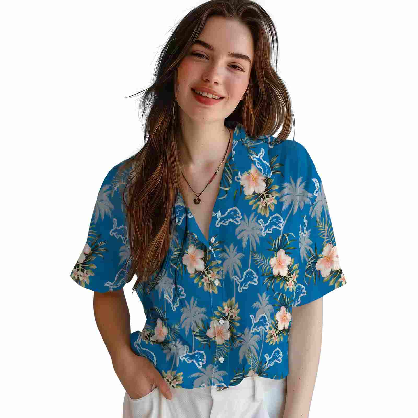 detroit lions palm tree flower blue hawaiian shirt latest model