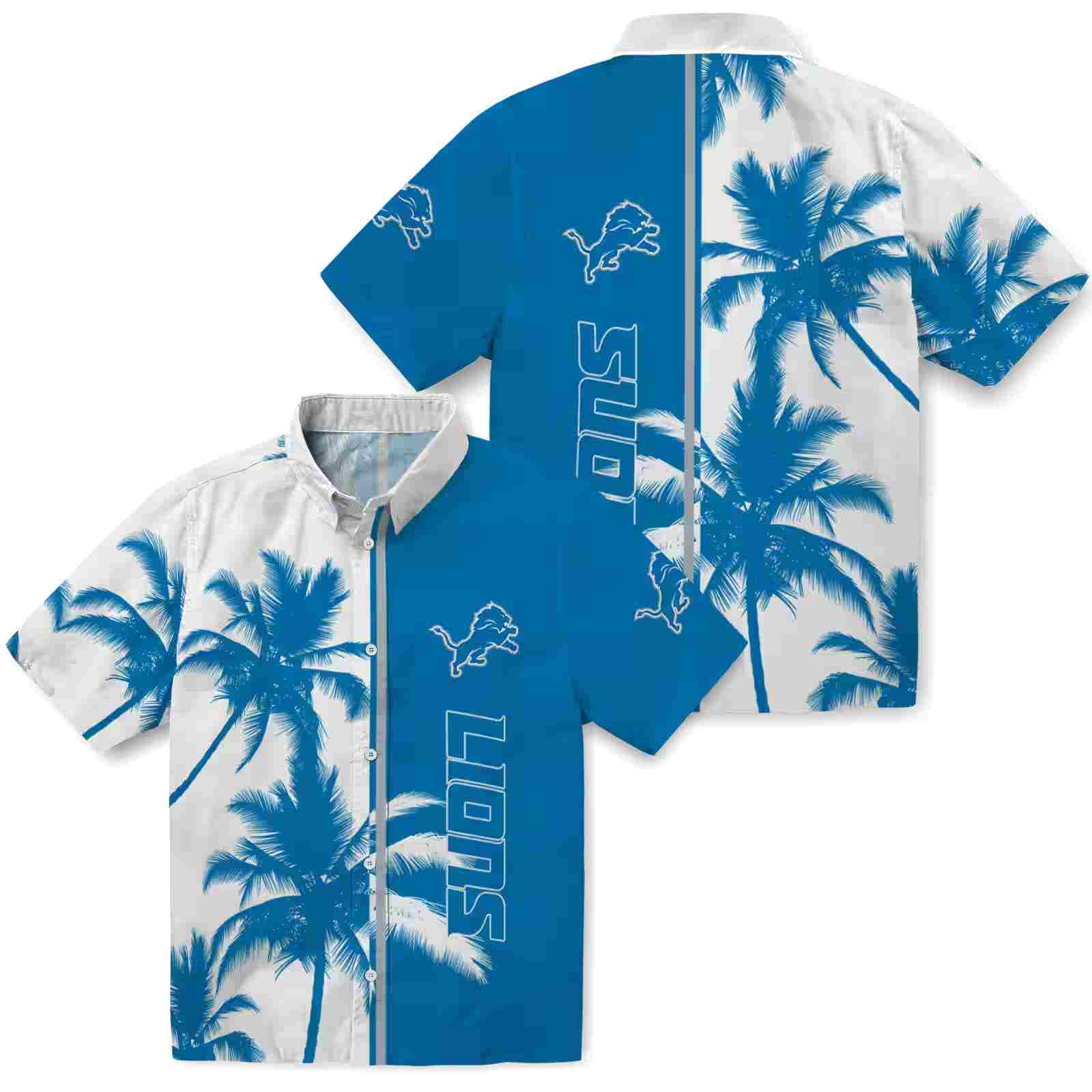 detroit lions palm trees blue white hawaiian shirt high quality