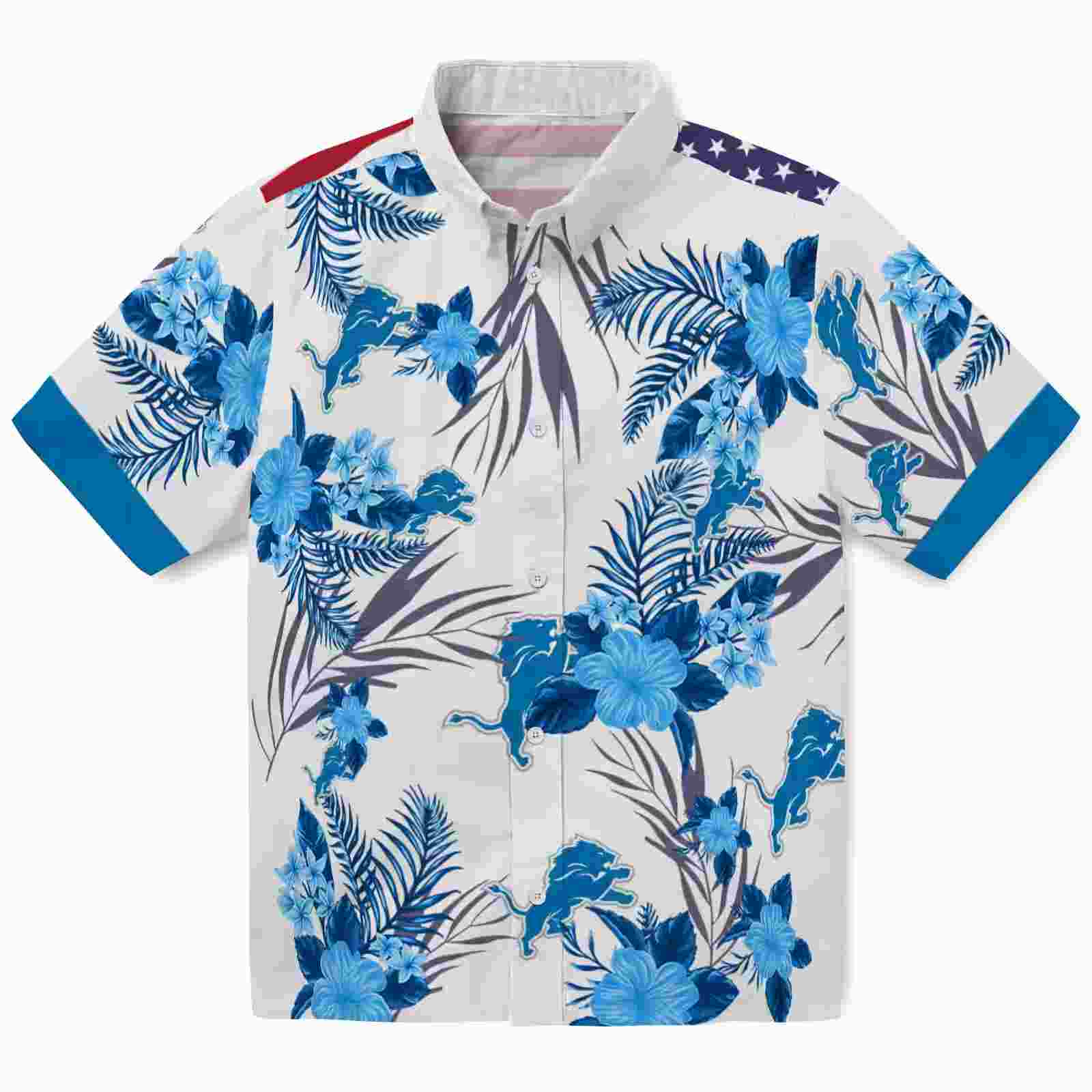 Detroit Lions Patriotic Hibiscus Design Blue White Hawaiian Shirt