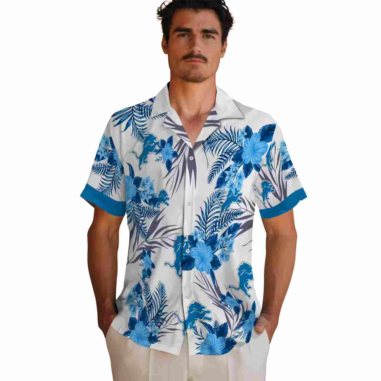 detroit lions patriotic hibiscus design blue white hawaiian shirt fashion forward