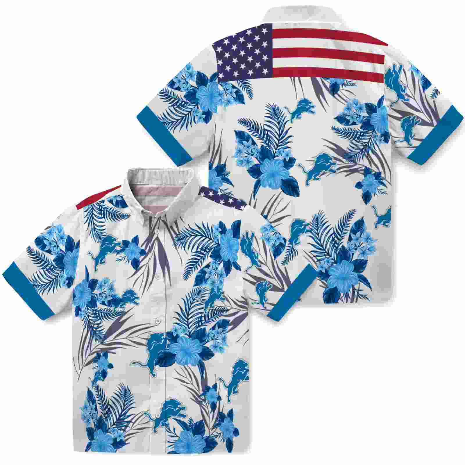 detroit lions patriotic hibiscus design blue white hawaiian shirt high quality