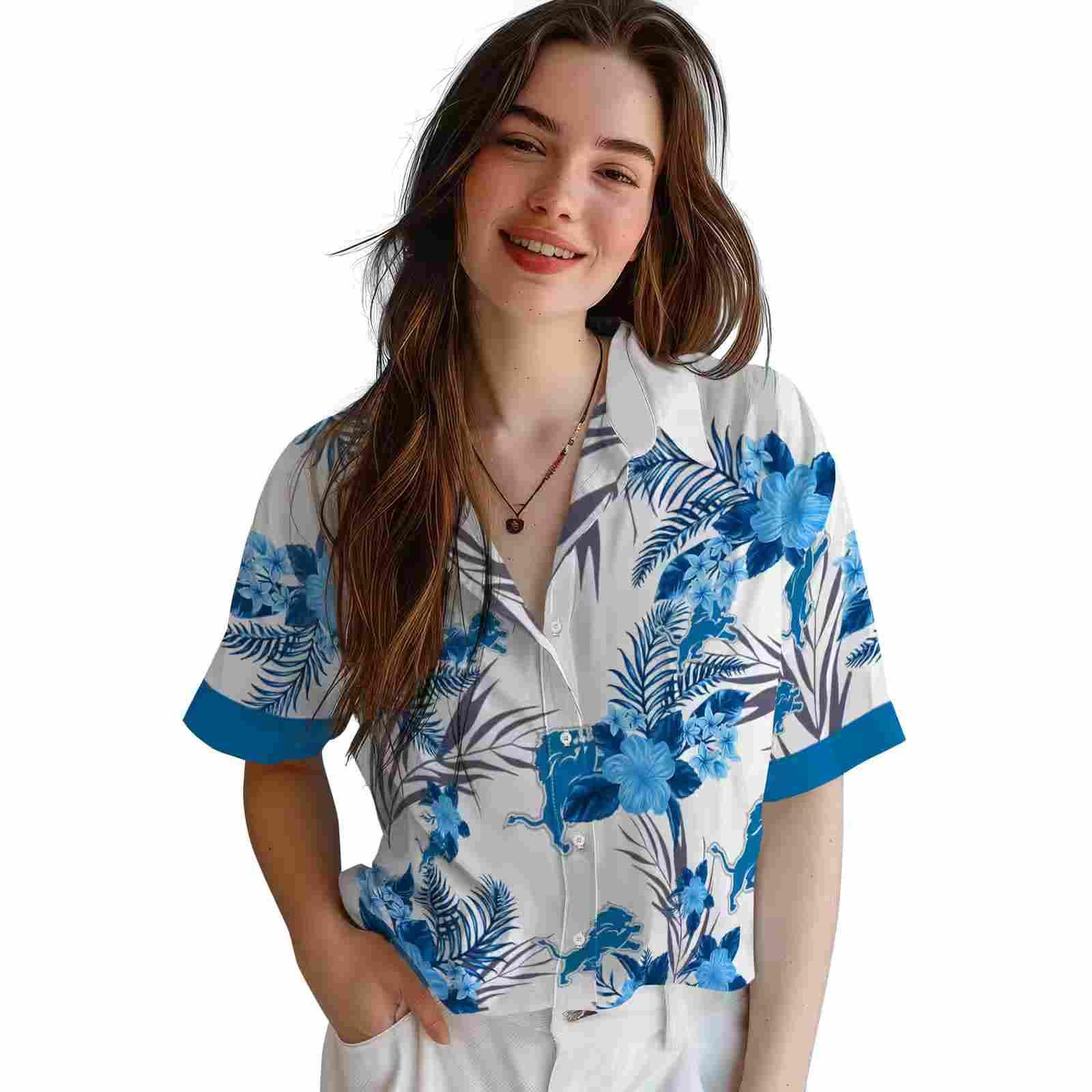 detroit lions patriotic hibiscus design blue white hawaiian shirt latest model