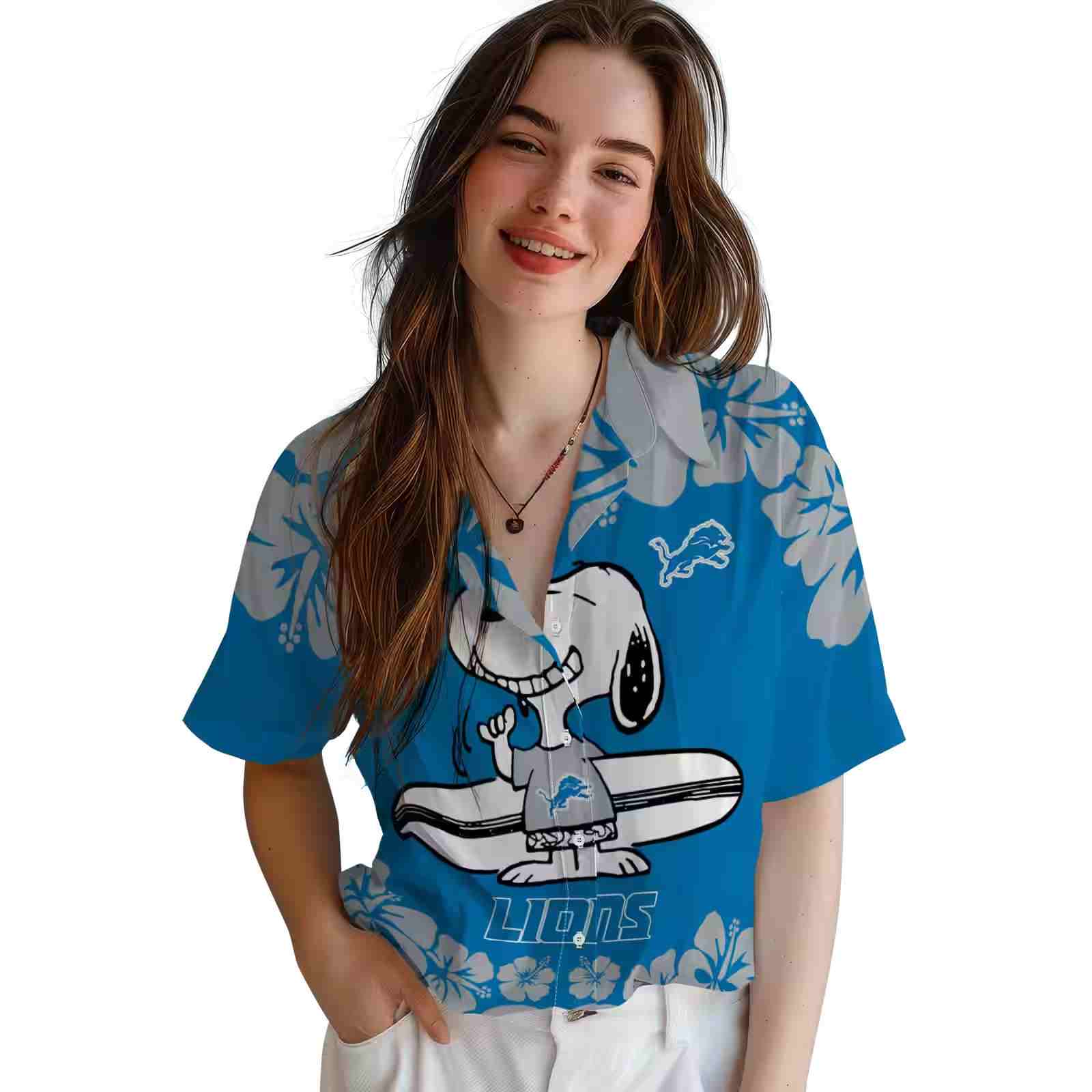 detroit lions snoopy surf blue white hawaiian shirt latest model