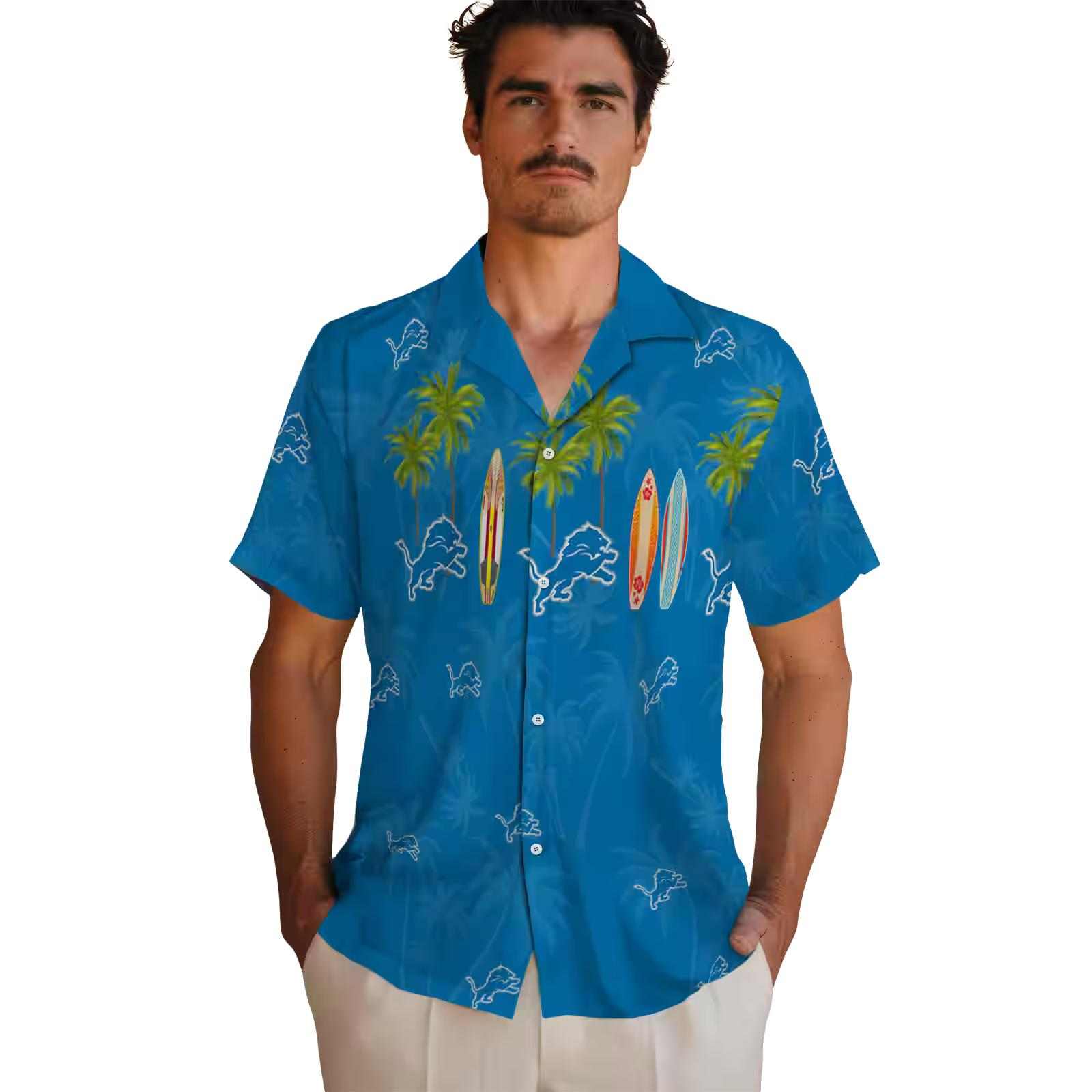 detroit lions surfboard palm blue hawaiian shirt fashion forward